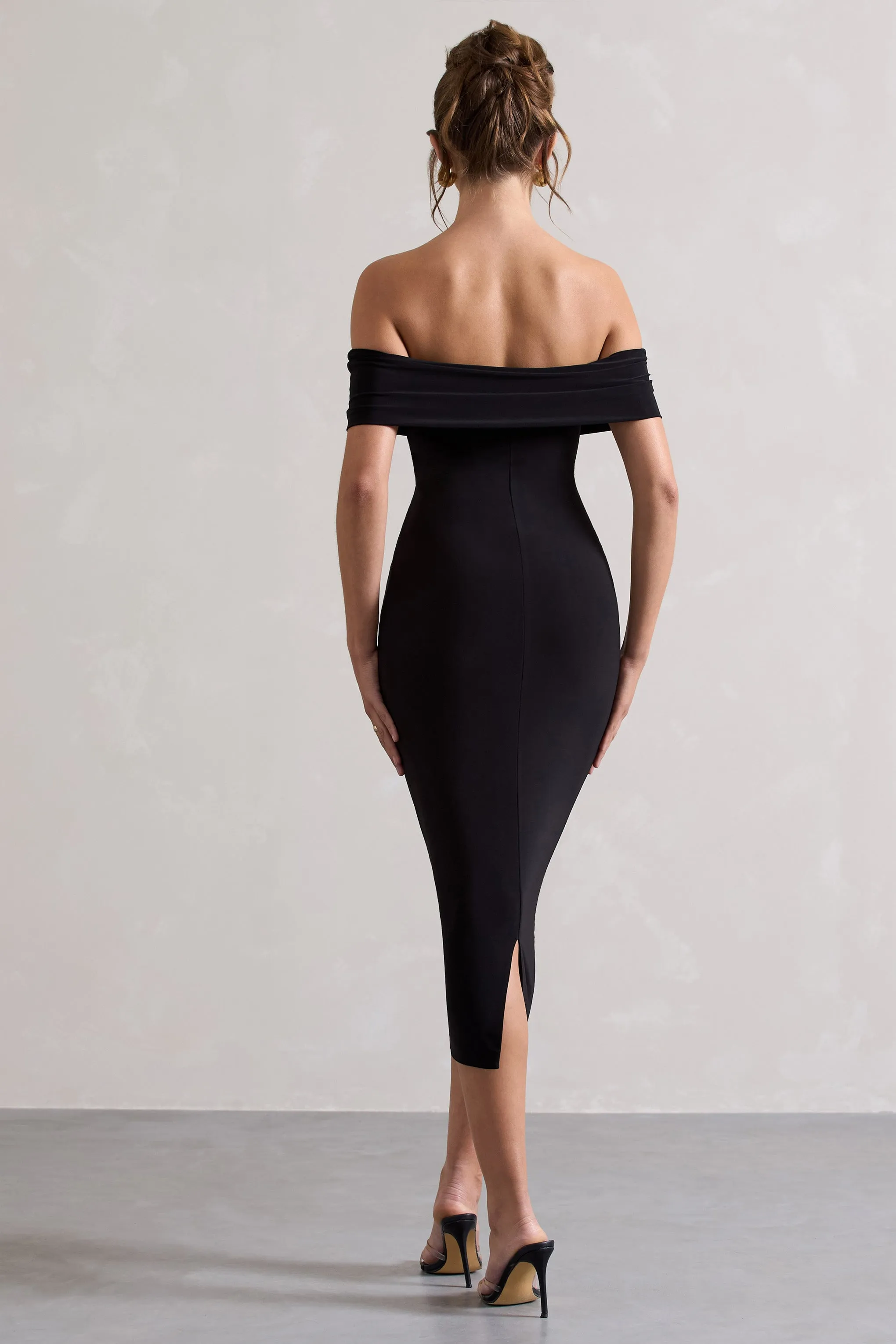 Averie | Black Bodycon Bardot Midi Dress Club L London