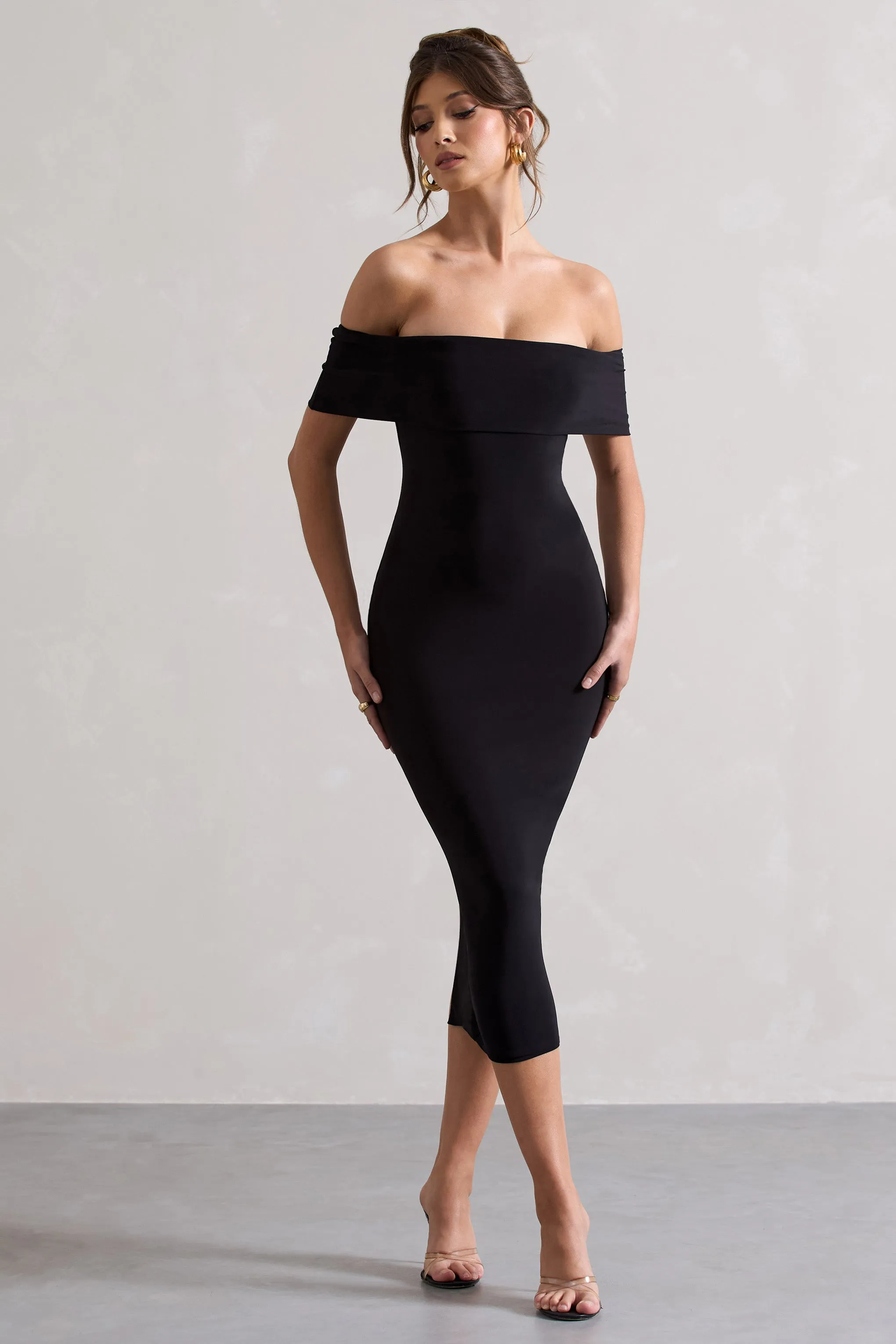 Averie | Black Bodycon Bardot Midi Dress Club L London