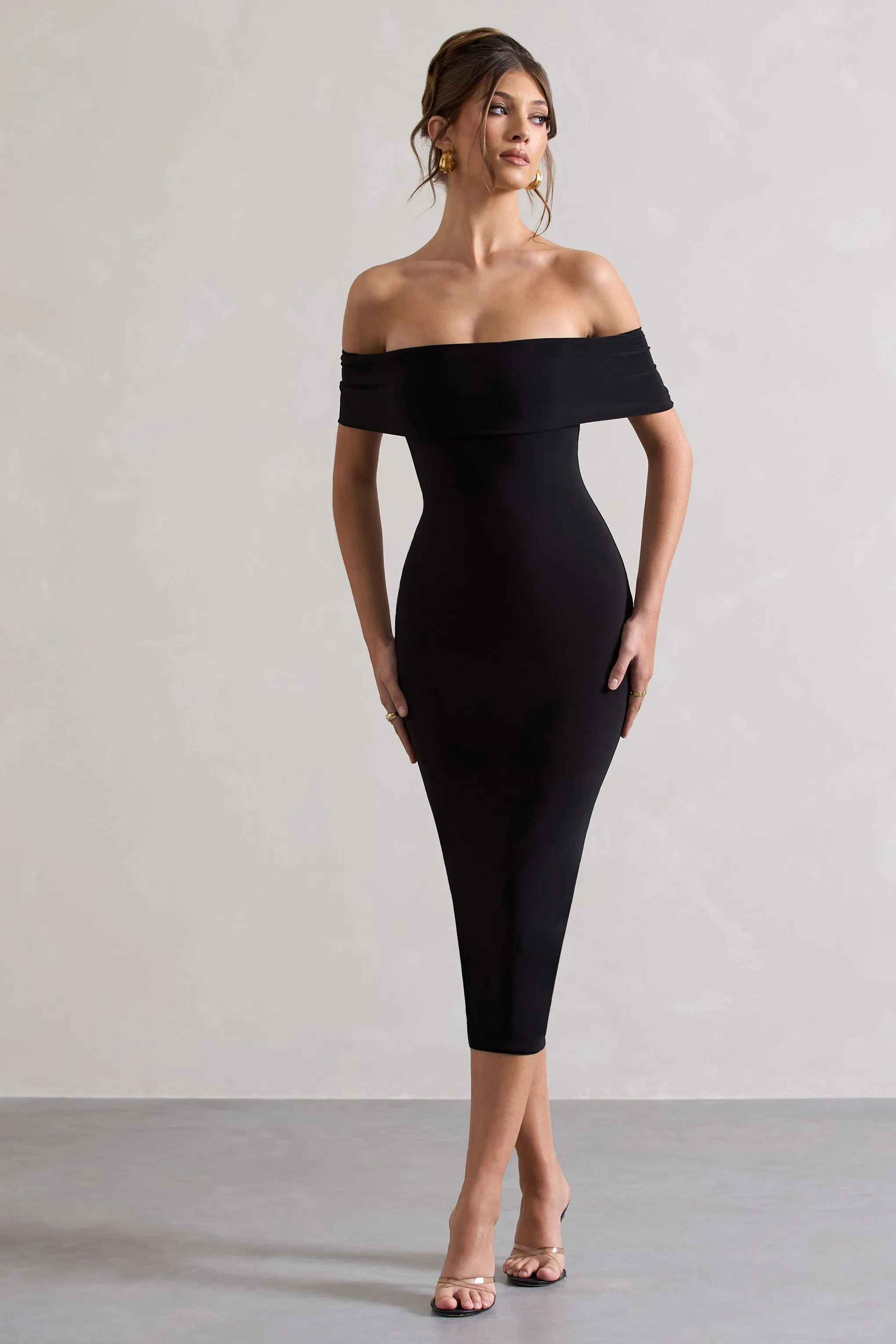 Averie | Black Bodycon Bardot Midi Dress Club L London