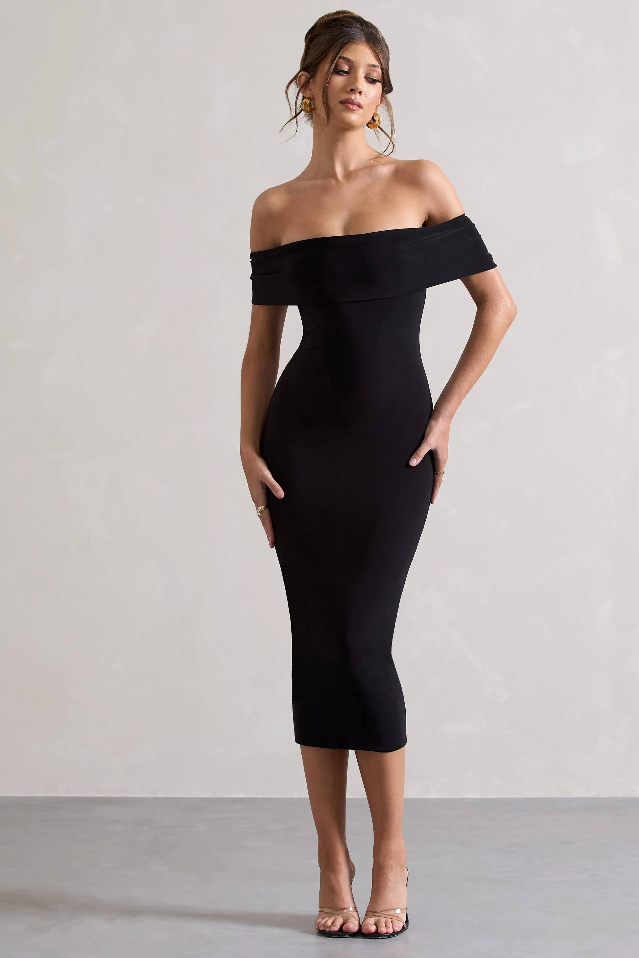 Averie | Black Bodycon Bardot Midi Dress Club L London