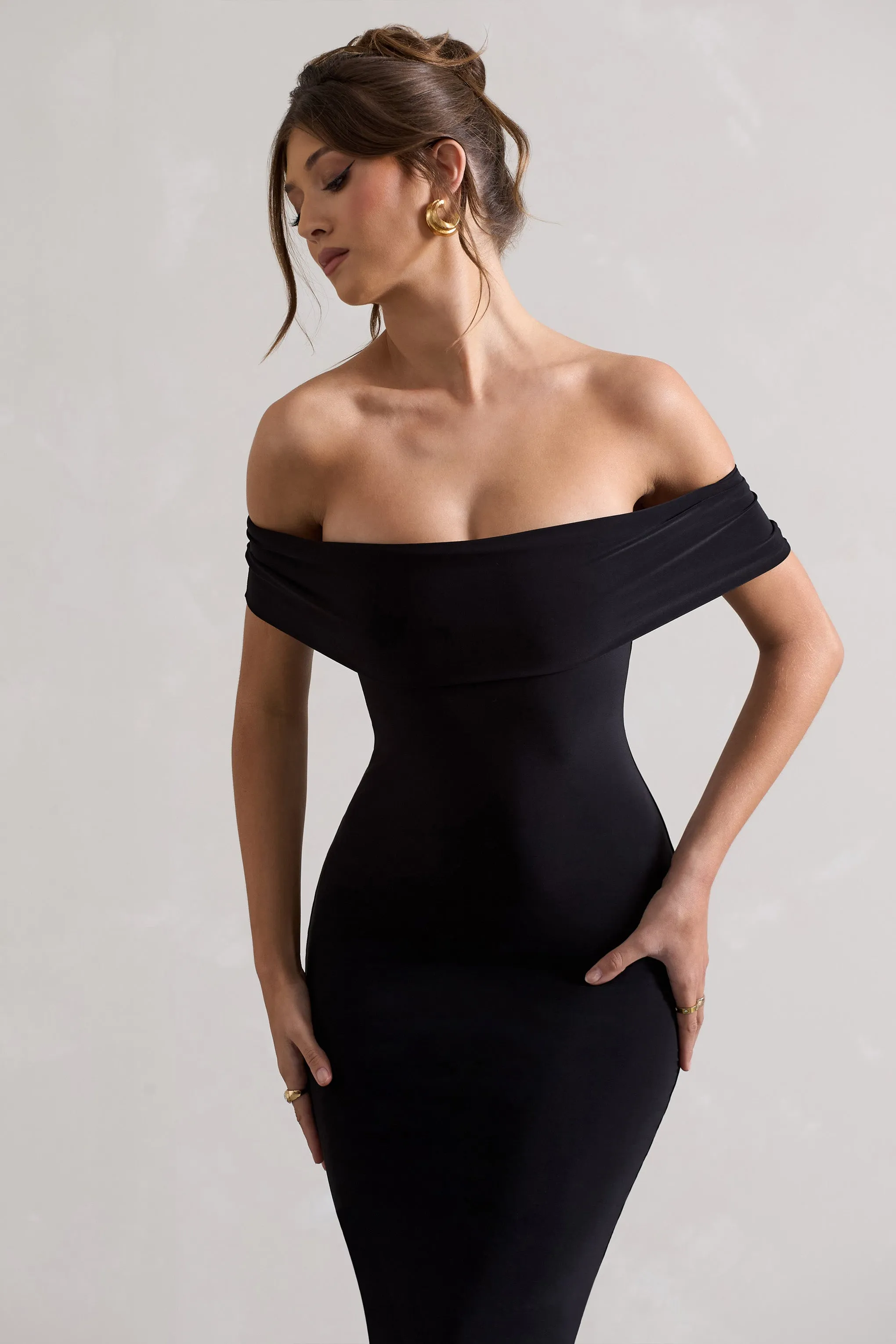 Averie | Black Bodycon Bardot Midi Dress Club L London