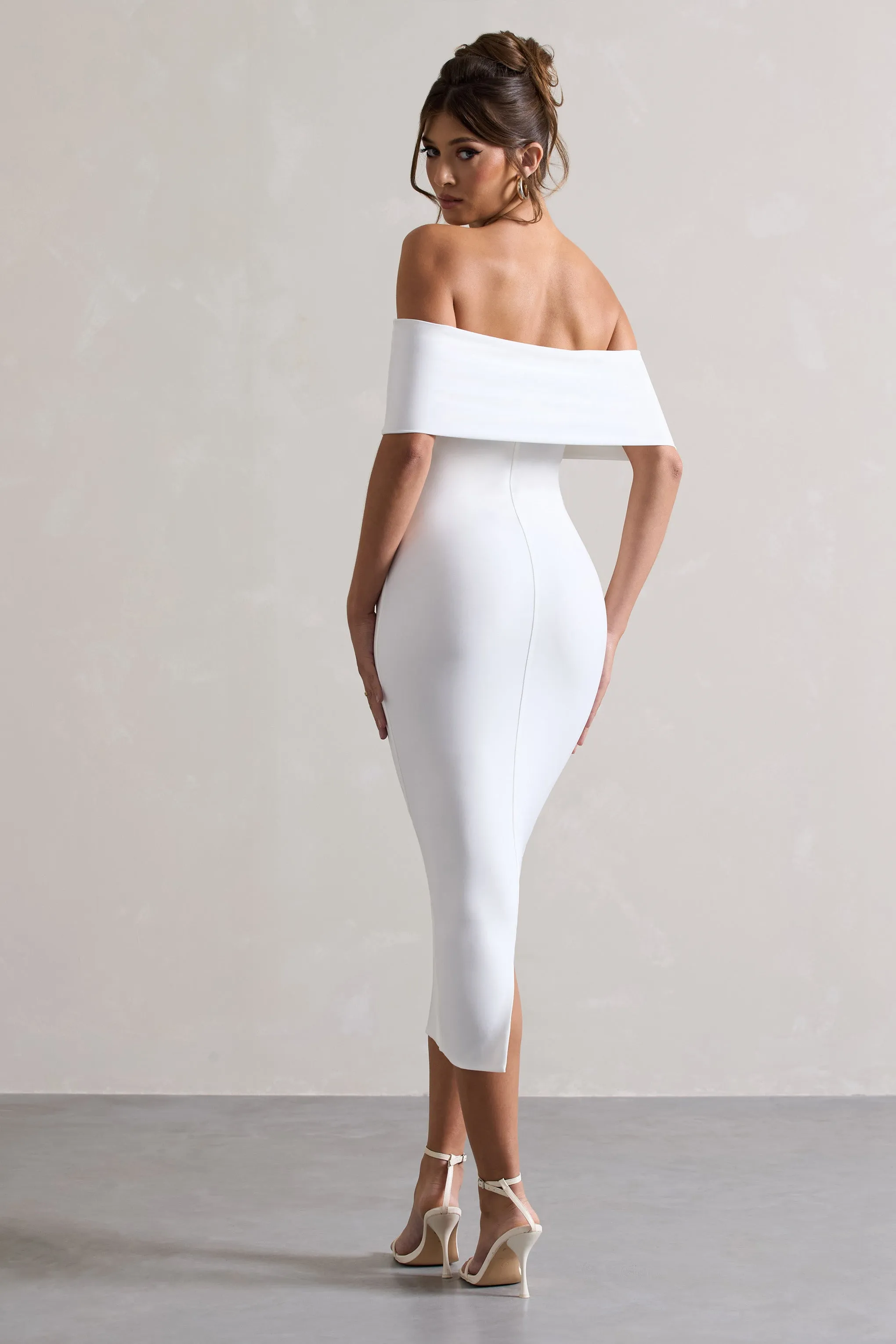 Averie | White Bodycon Bardot Midi Dress Club L London