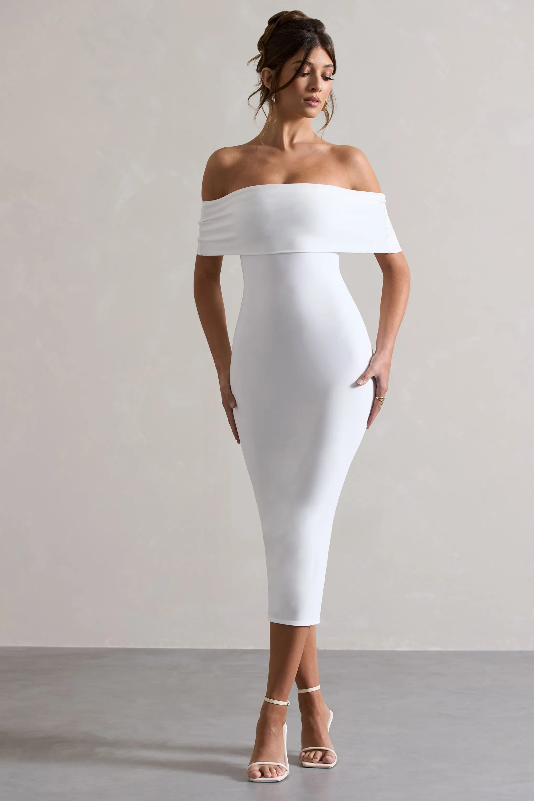 Averie | White Bodycon Bardot Midi Dress Club L London