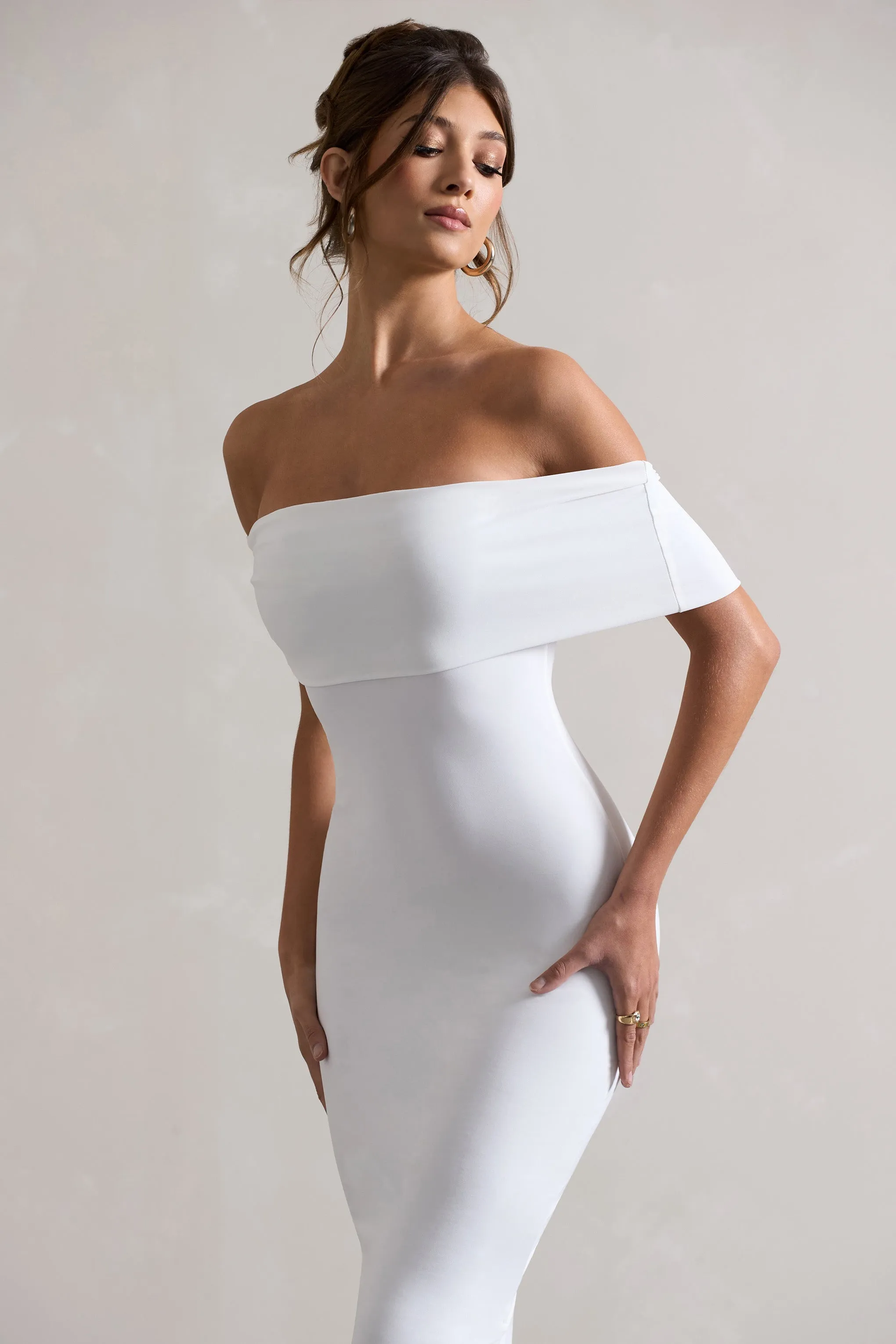 Averie | White Bodycon Bardot Midi Dress Club L London