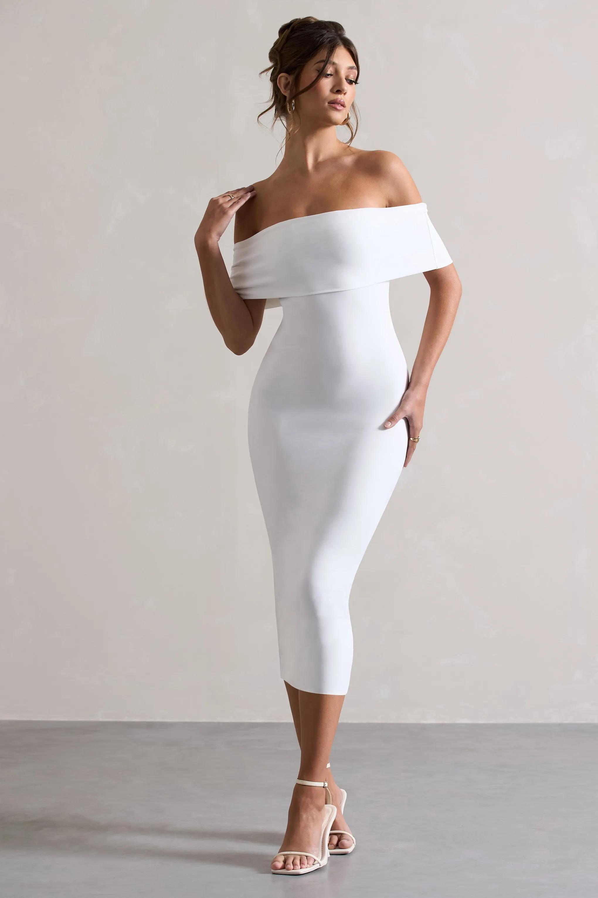 Averie | White Bodycon Bardot Midi Dress Club L London