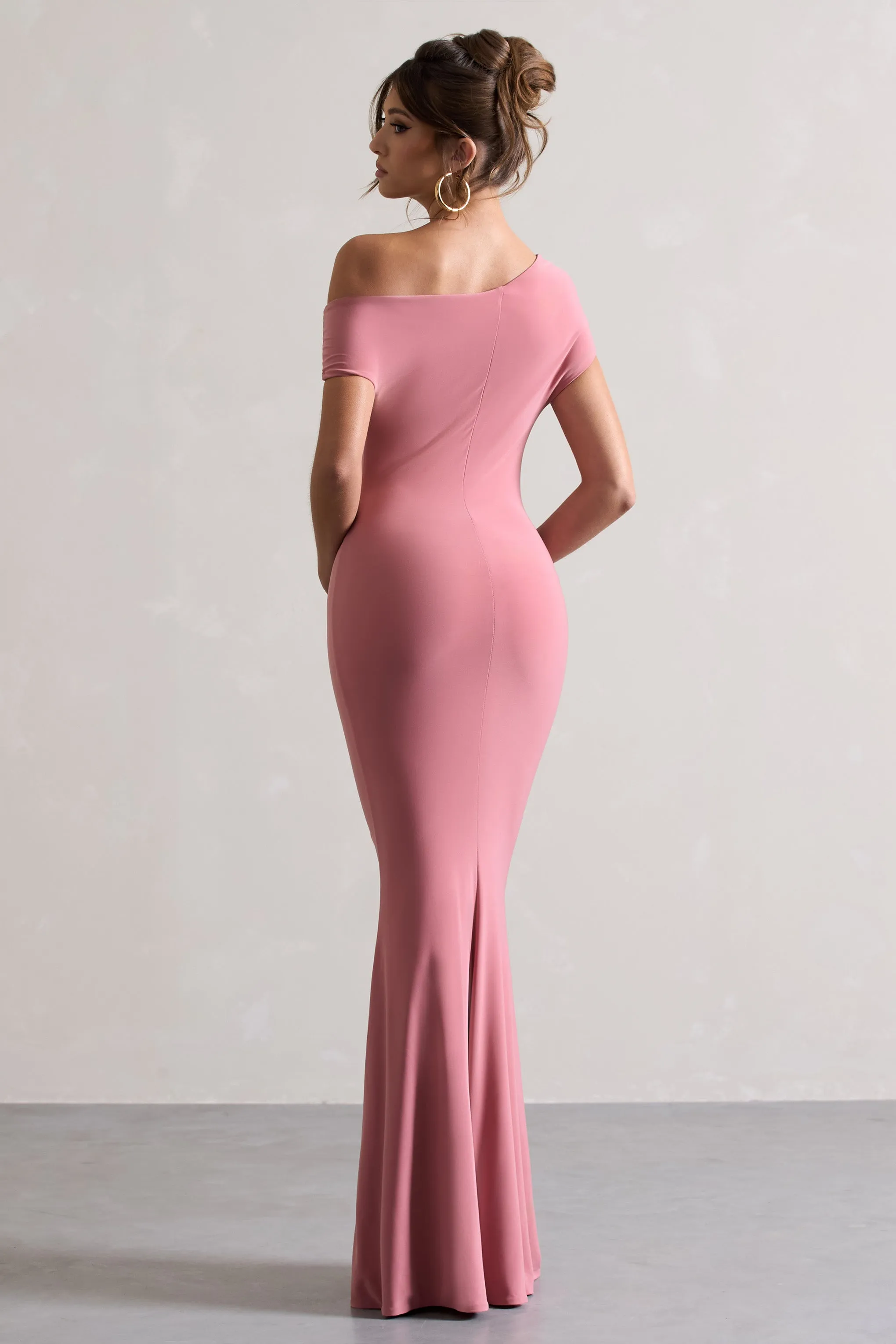 Avila | Blush Pink Asymmetric Bardot Maxi Dress Club L London