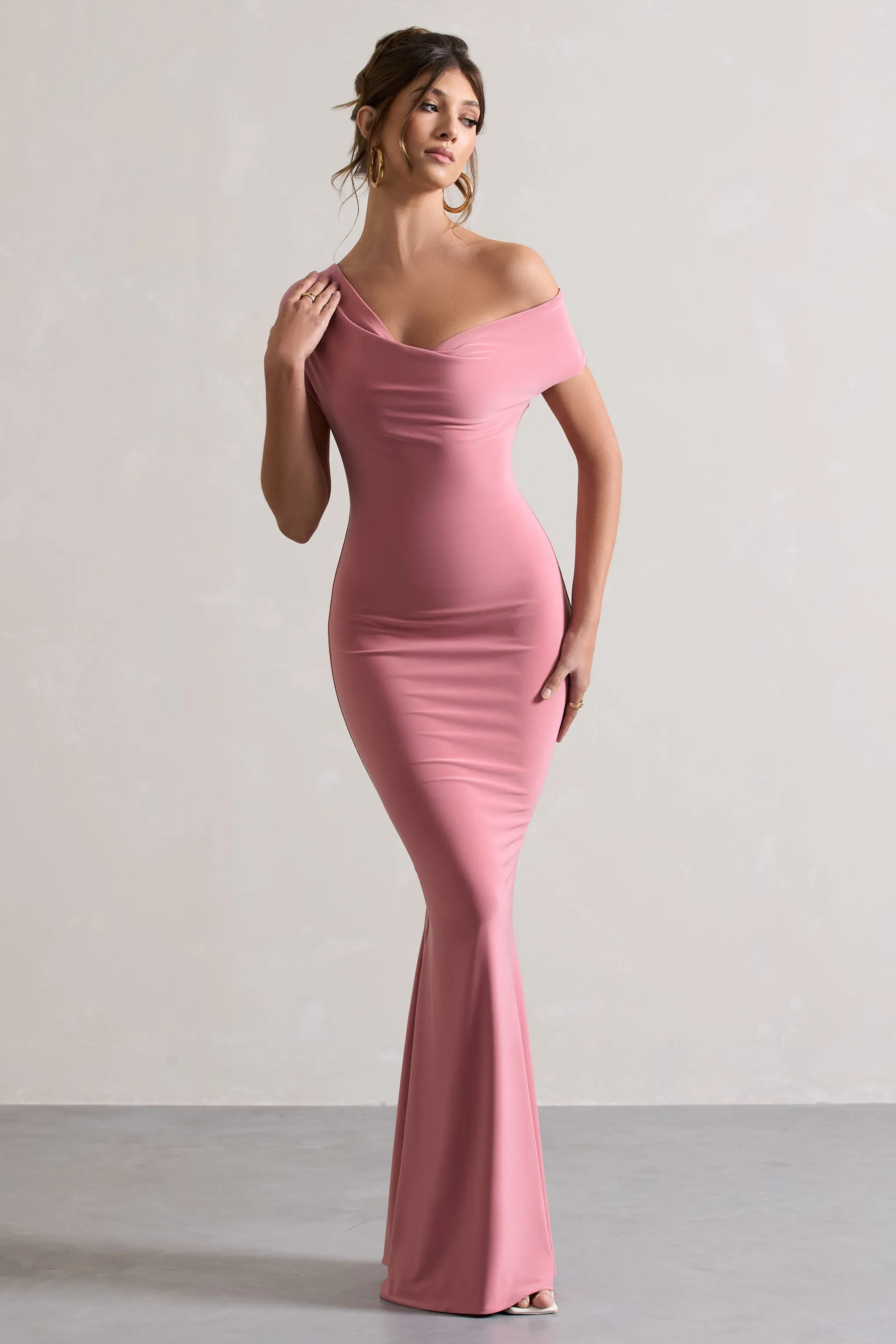 Avila | Blush Pink Asymmetric Bardot Maxi Dress Club L London