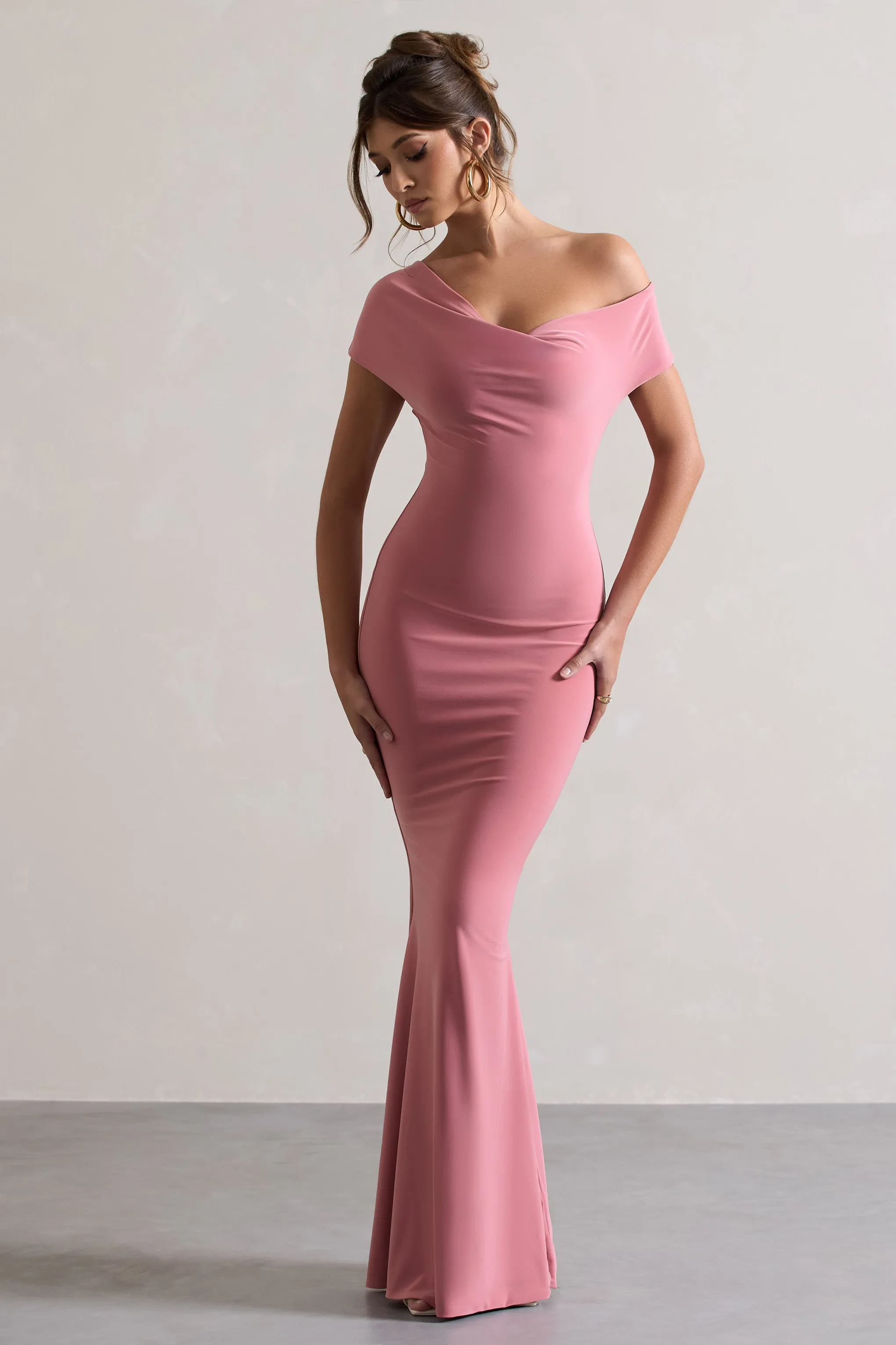 Avila | Blush Pink Asymmetric Bardot Maxi Dress Club L London