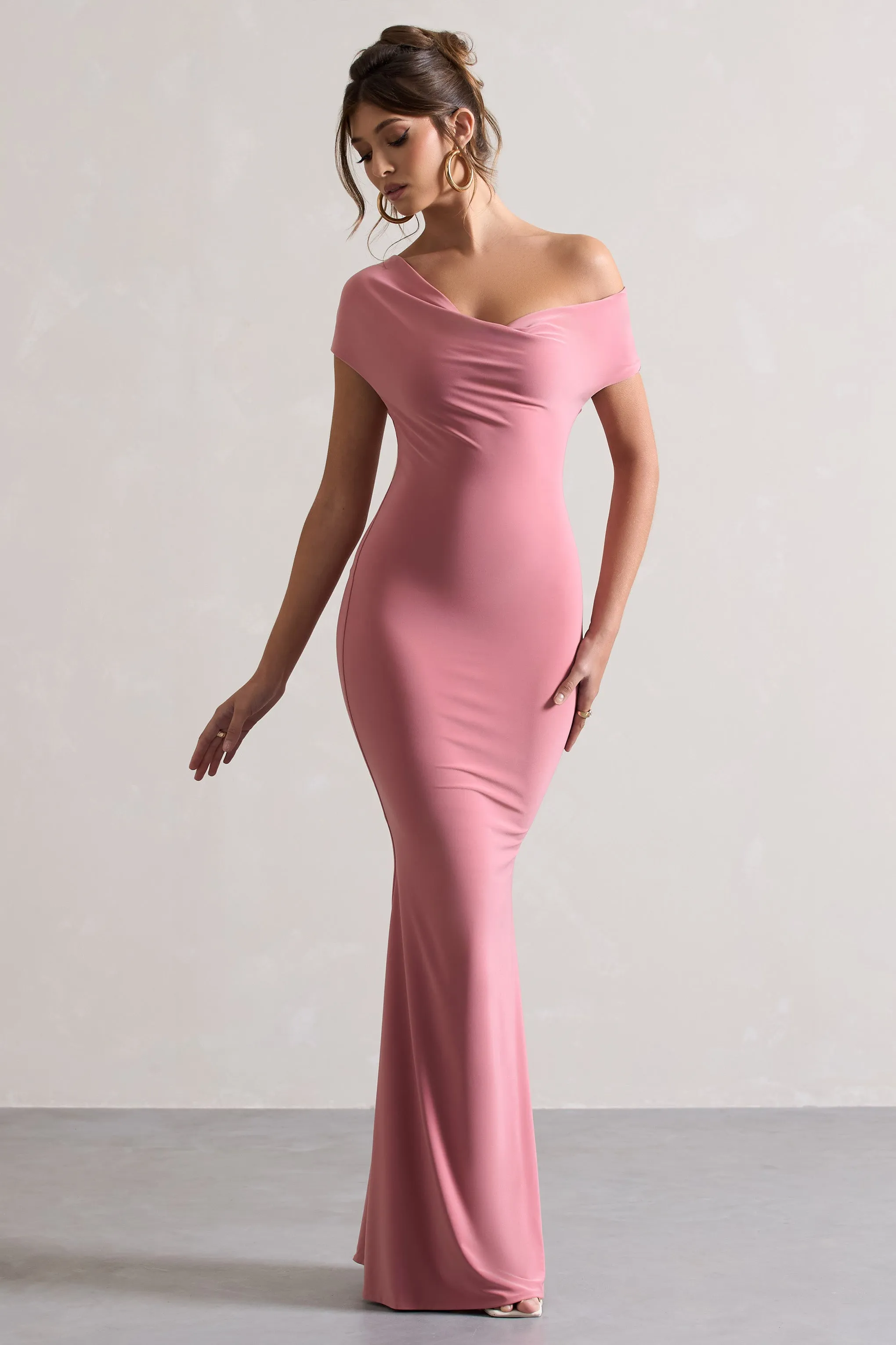 Avila | Blush Pink Asymmetric Bardot Maxi Dress Club L London