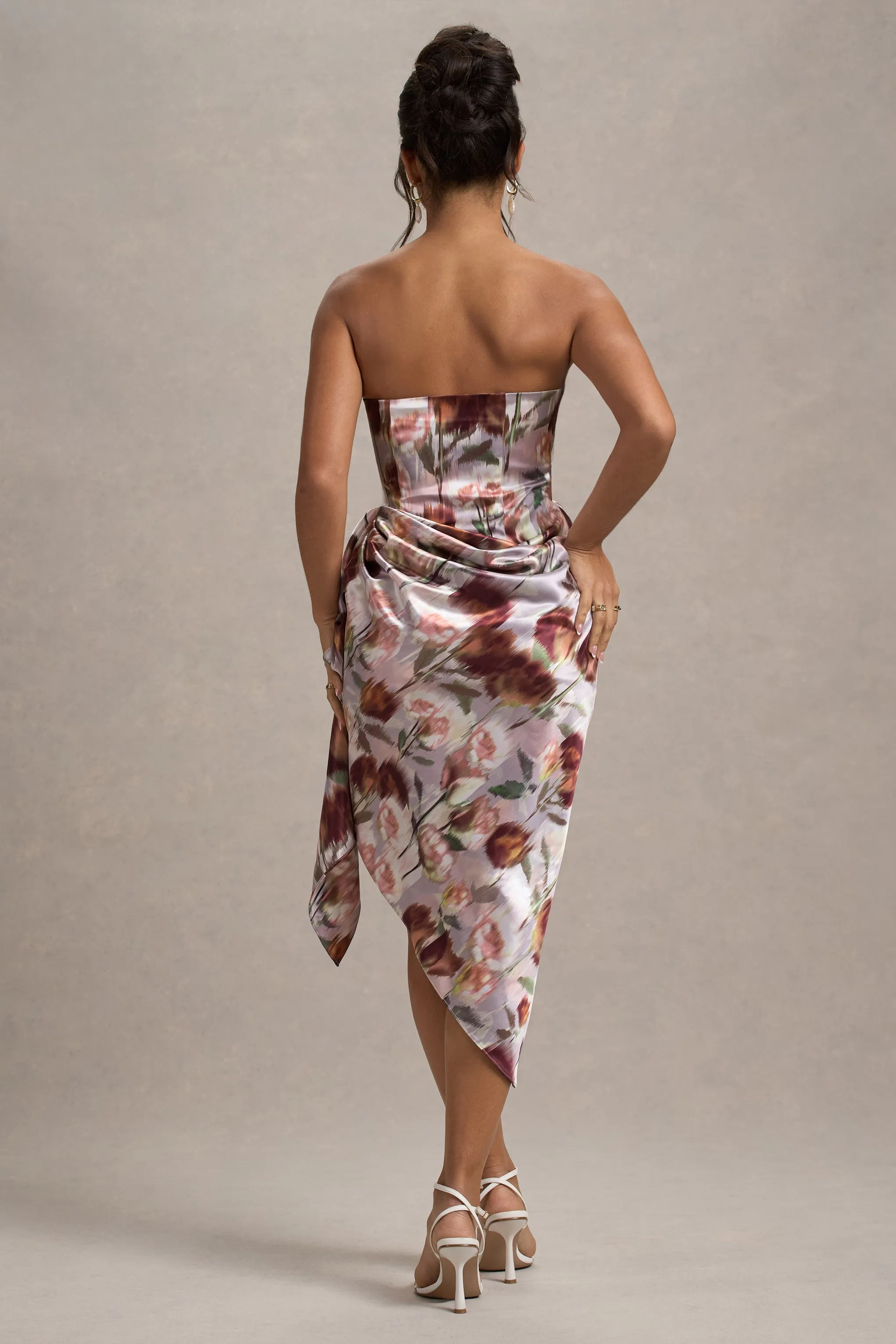 Axel | Cream Floral Print Satin Strapless Wrap Midi Dress Club L London