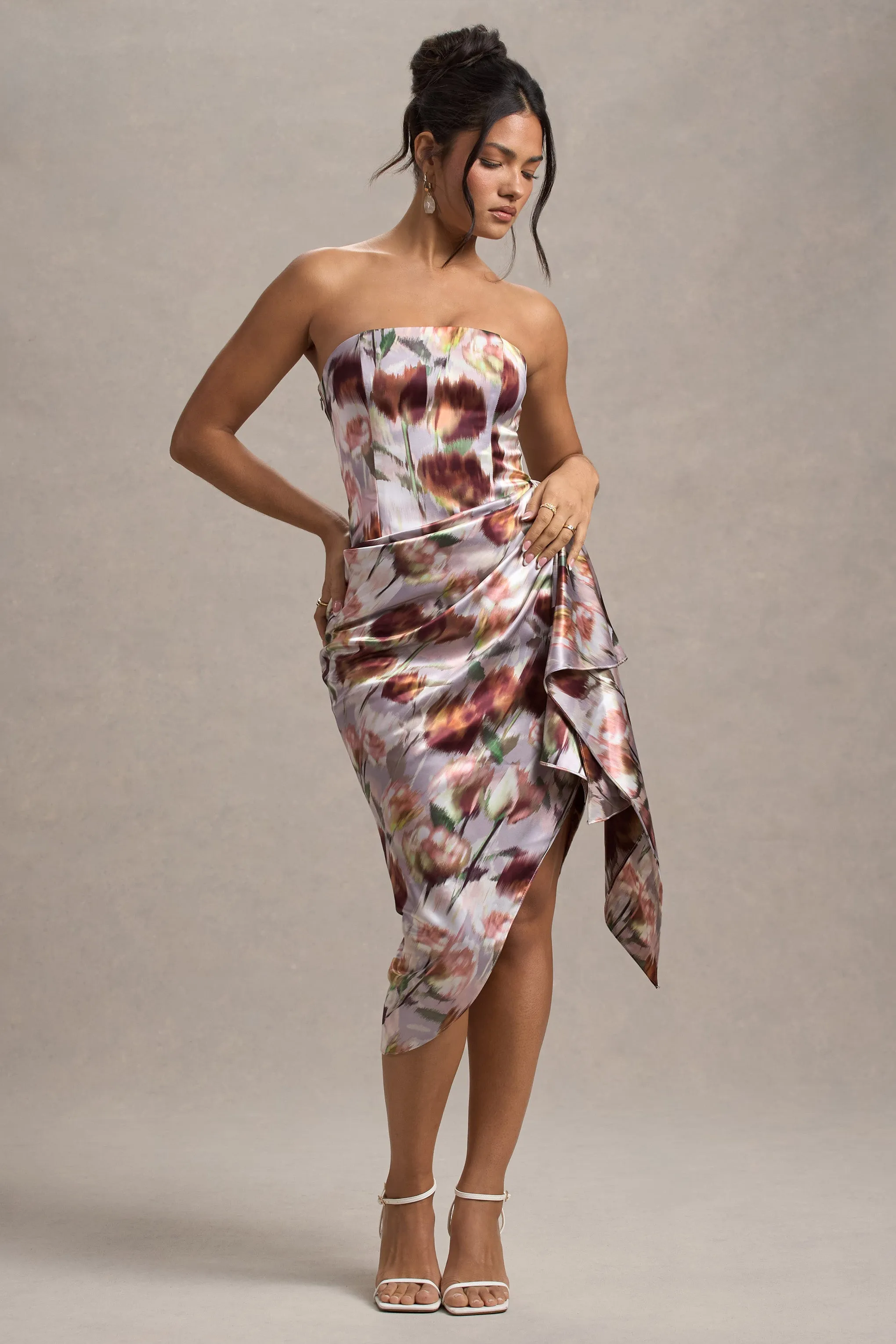 Axel | Cream Floral Print Satin Strapless Wrap Midi Dress Club L London