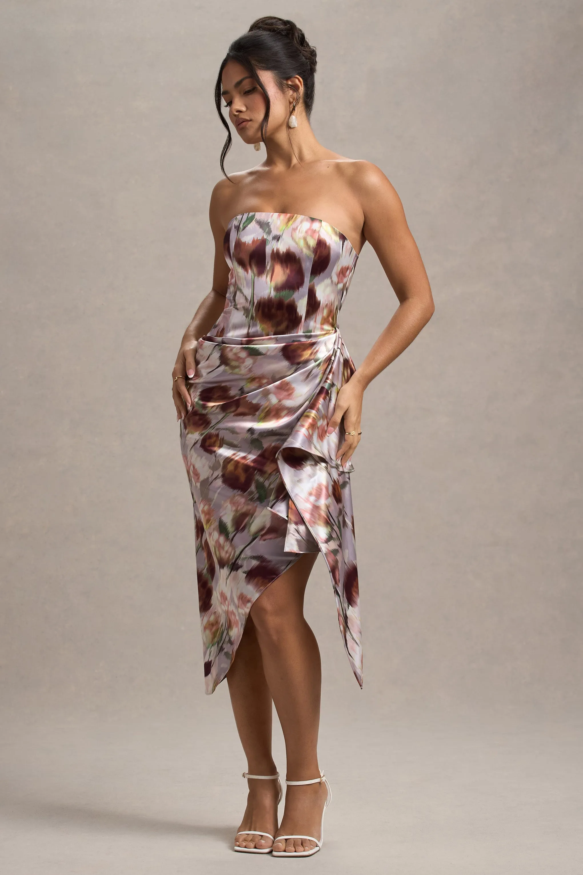 Axel | Cream Floral Print Satin Strapless Wrap Midi Dress Club L London