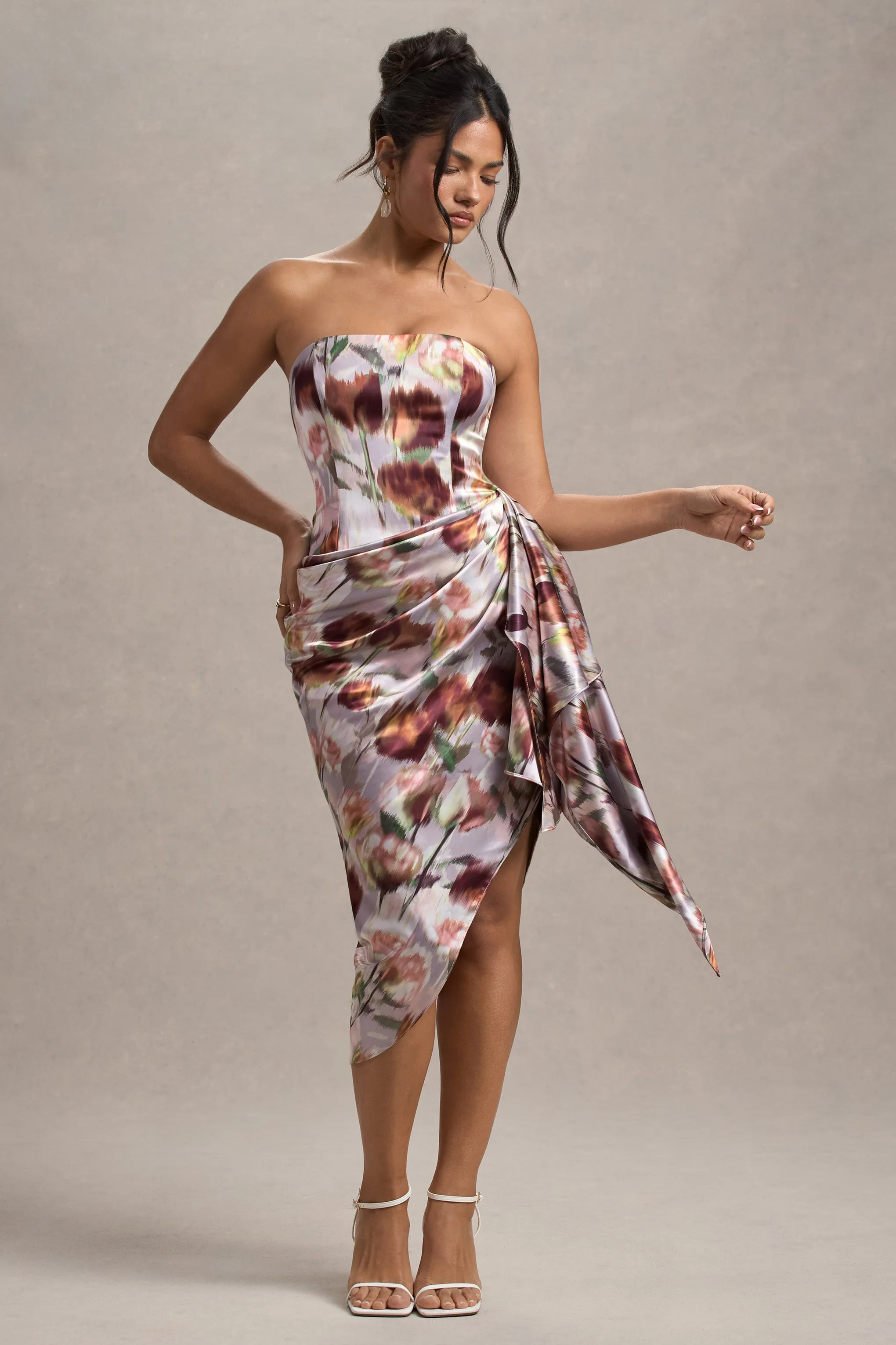 Axel | Cream Floral Print Satin Strapless Wrap Midi Dress Club L London