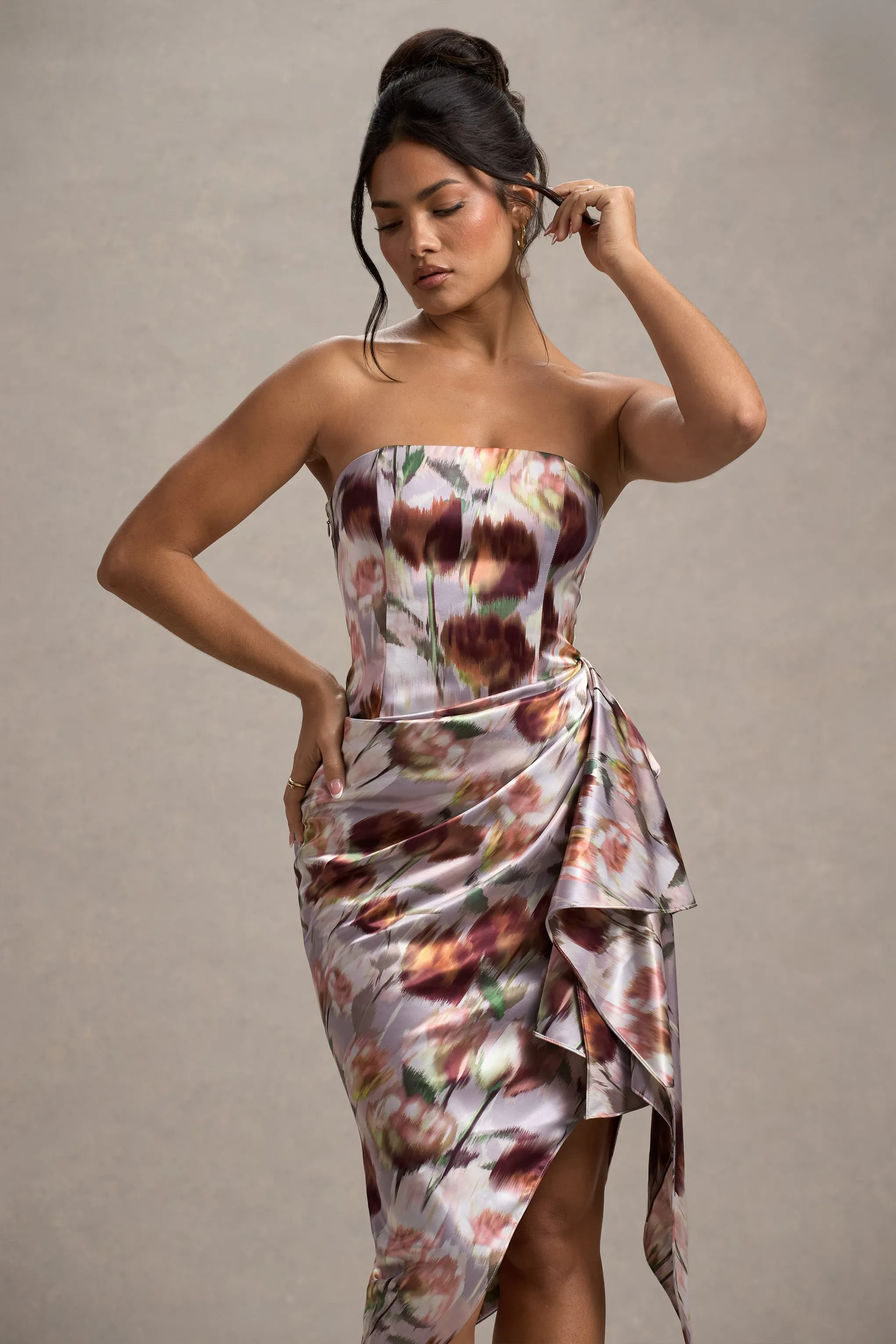 Axel | Cream Floral Print Satin Strapless Wrap Midi Dress Club L London
