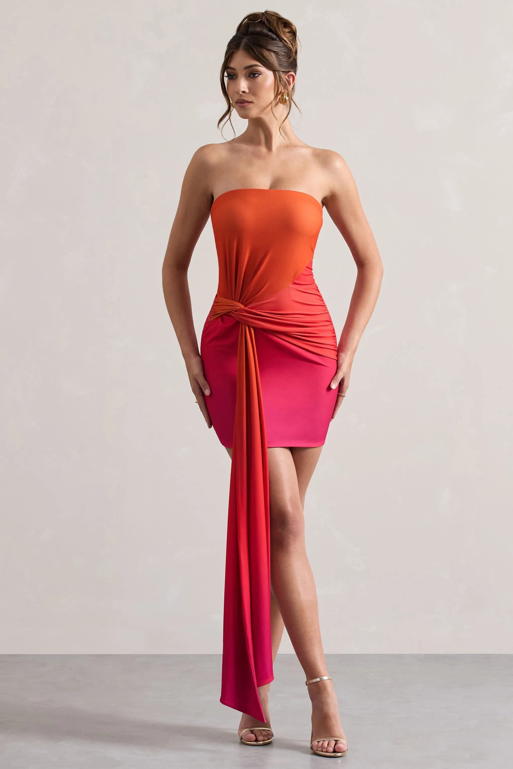 Azora | Pink & Orange Ombre Bandeau Mini Dress With Twisted Sash Club L London