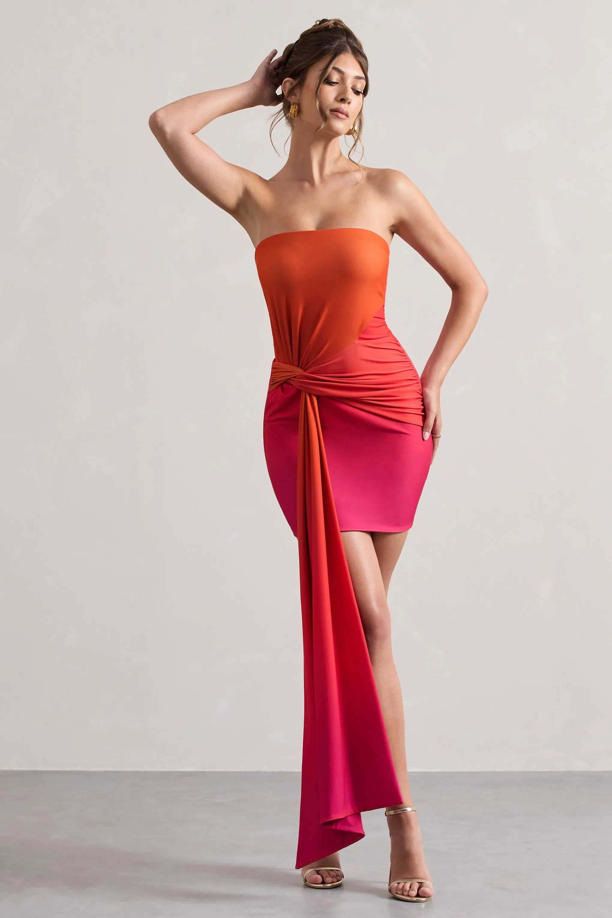 Azora | Pink & Orange Ombre Bandeau Mini Dress With Twisted Sash Club L London