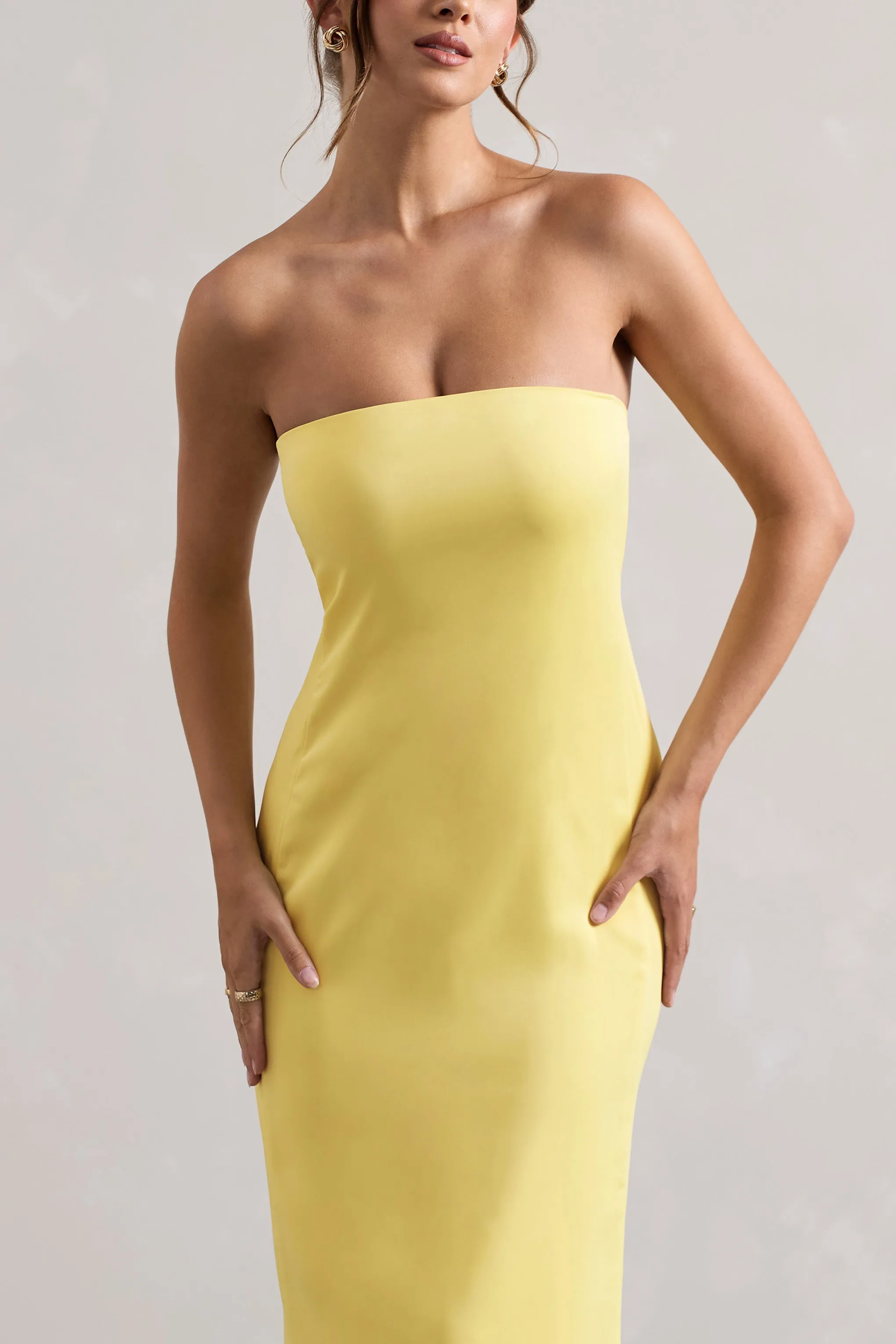 Azra | Lemon Satin Bandeau Maxi Dress Club L London