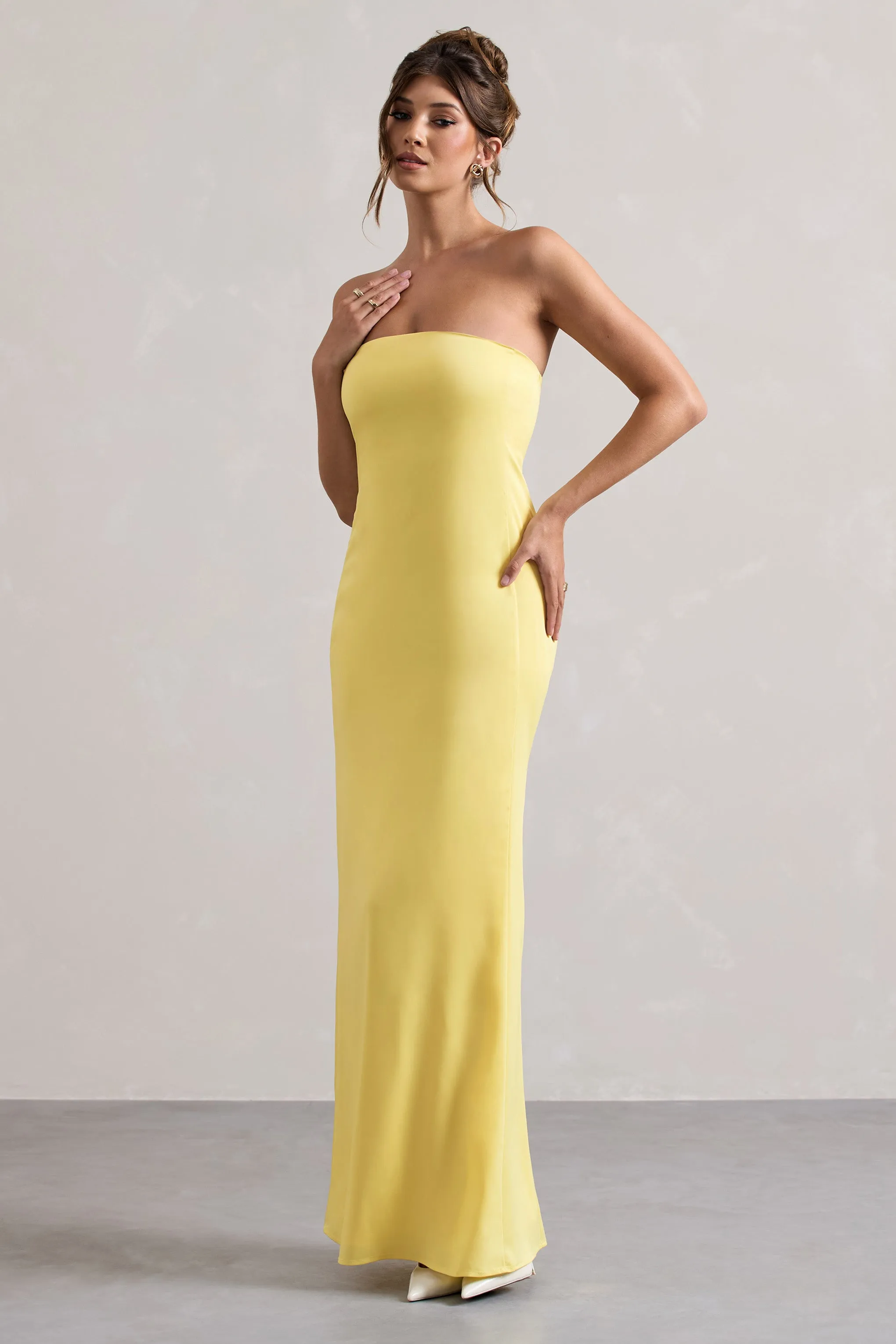 Azra | Lemon Satin Bandeau Maxi Dress Club L London