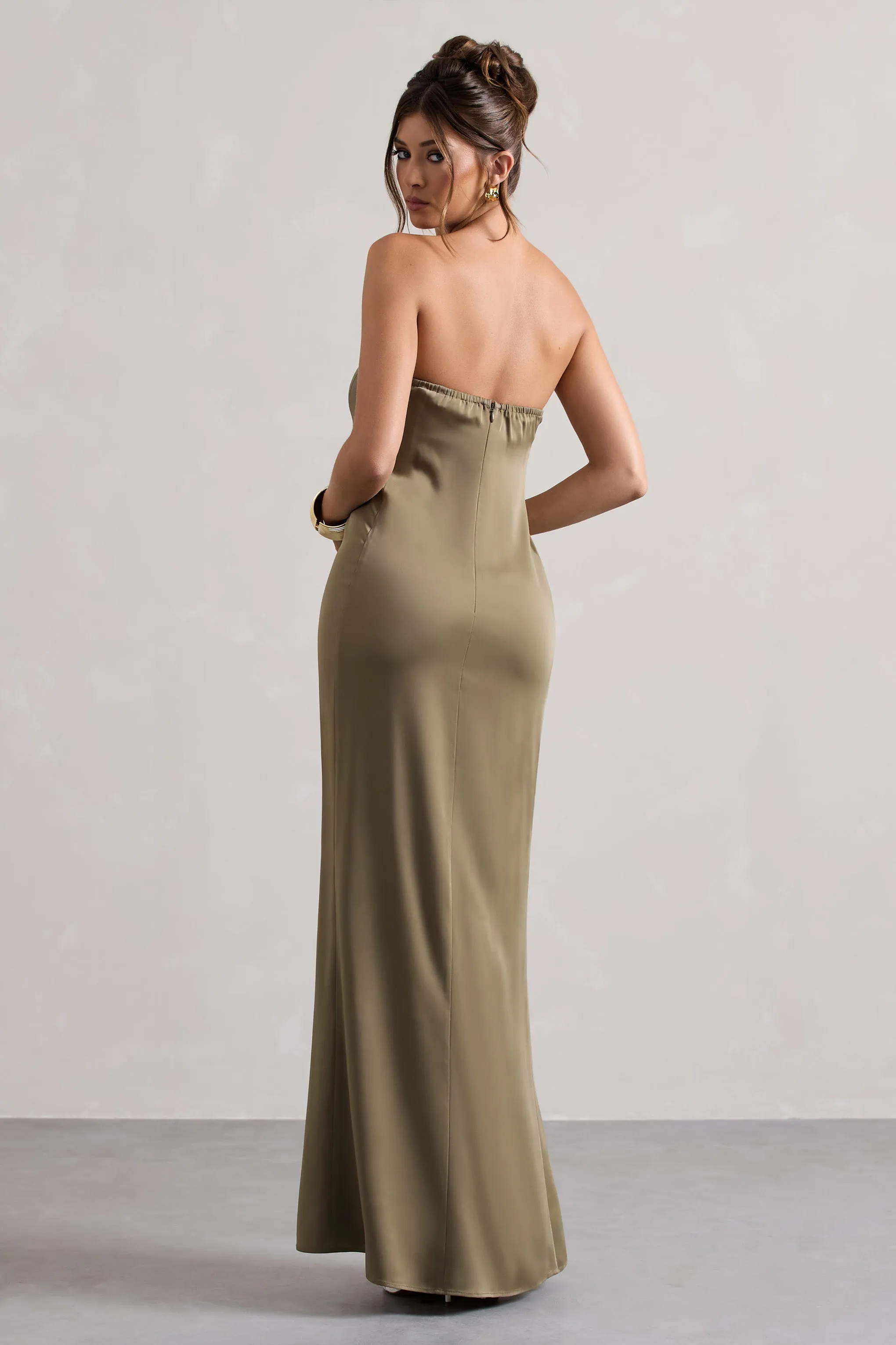 Azra | Olive Satin Bandeau Maxi Dress Club L London