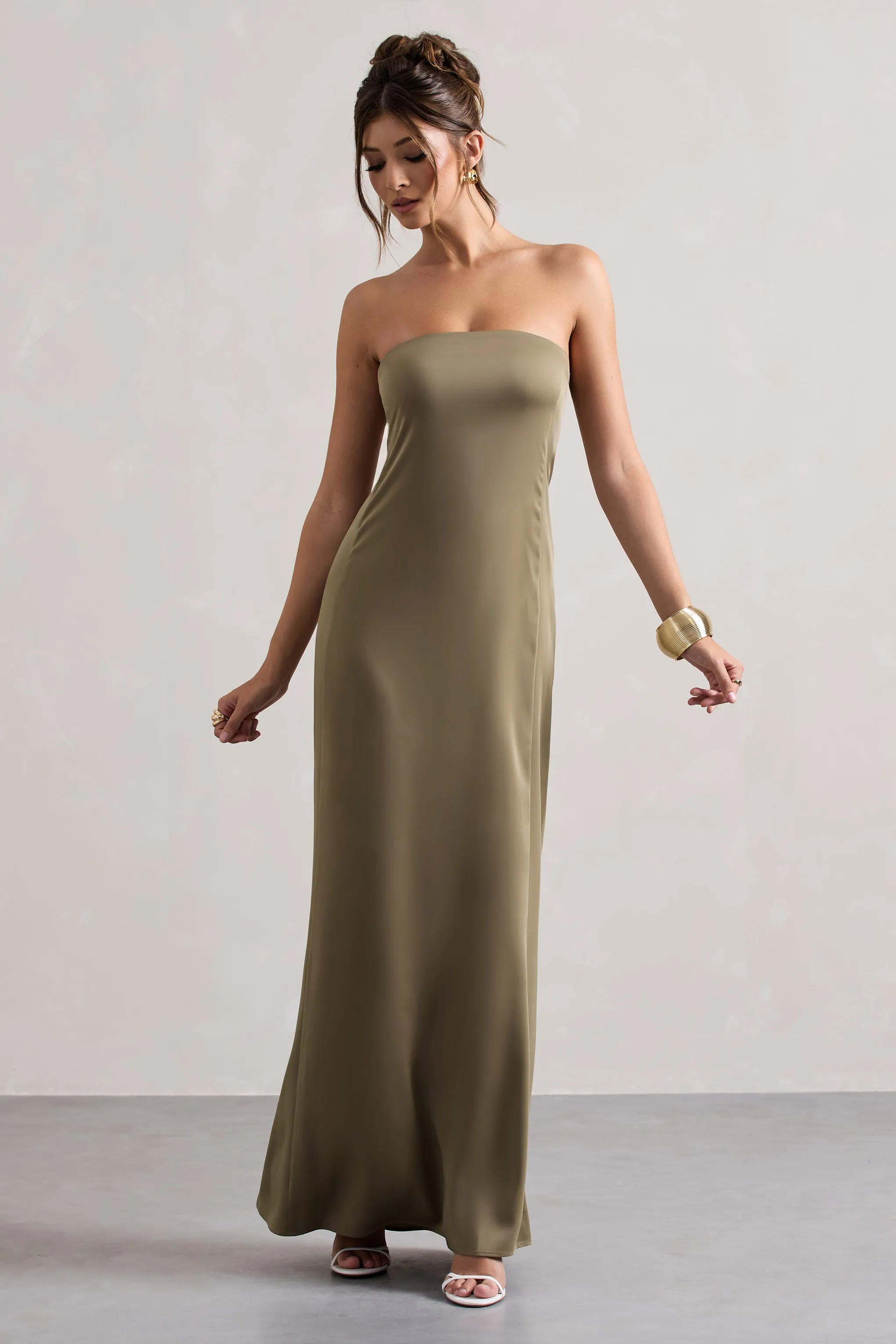 Azra | Olive Satin Bandeau Maxi Dress Club L London