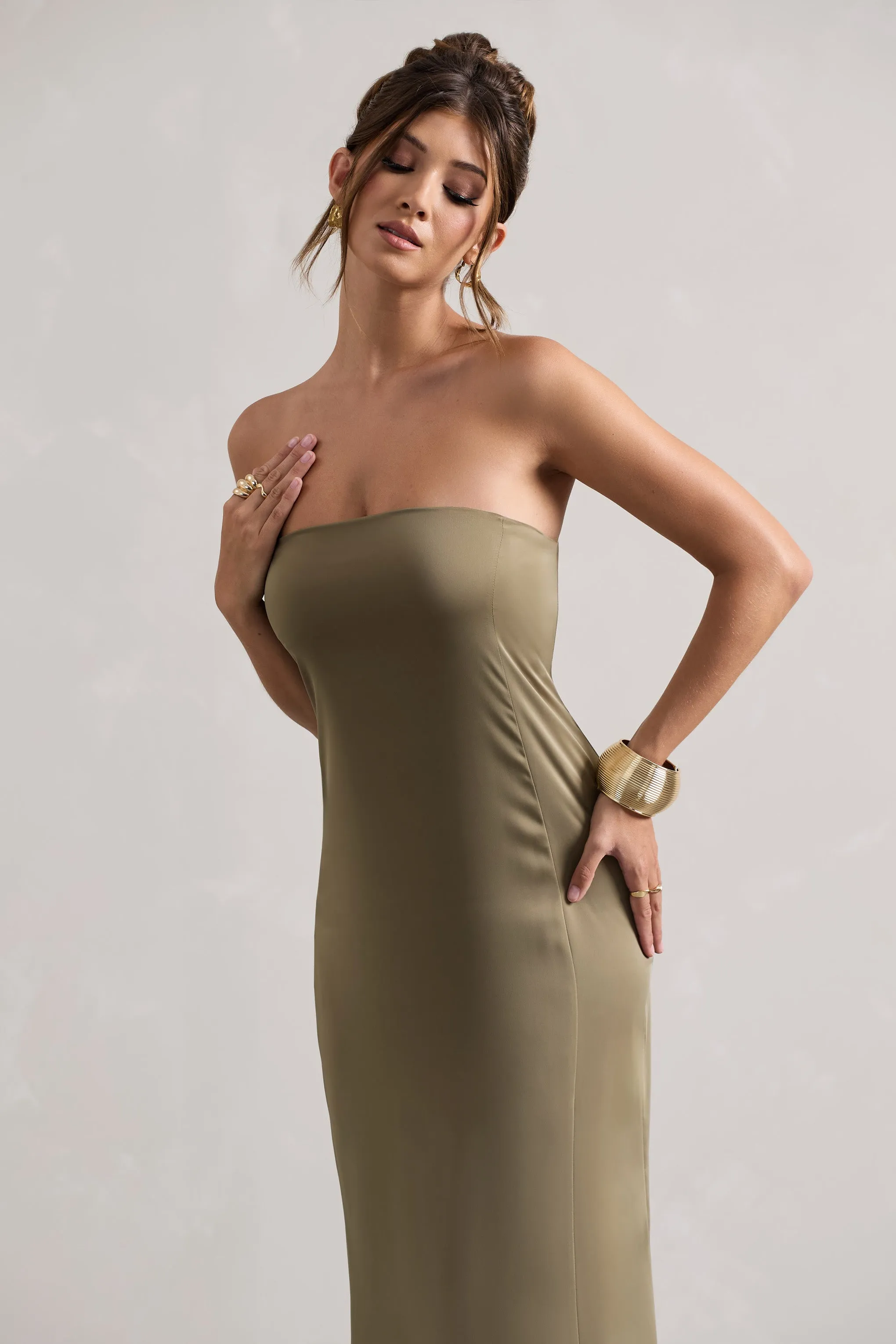 Azra | Olive Satin Bandeau Maxi Dress Club L London