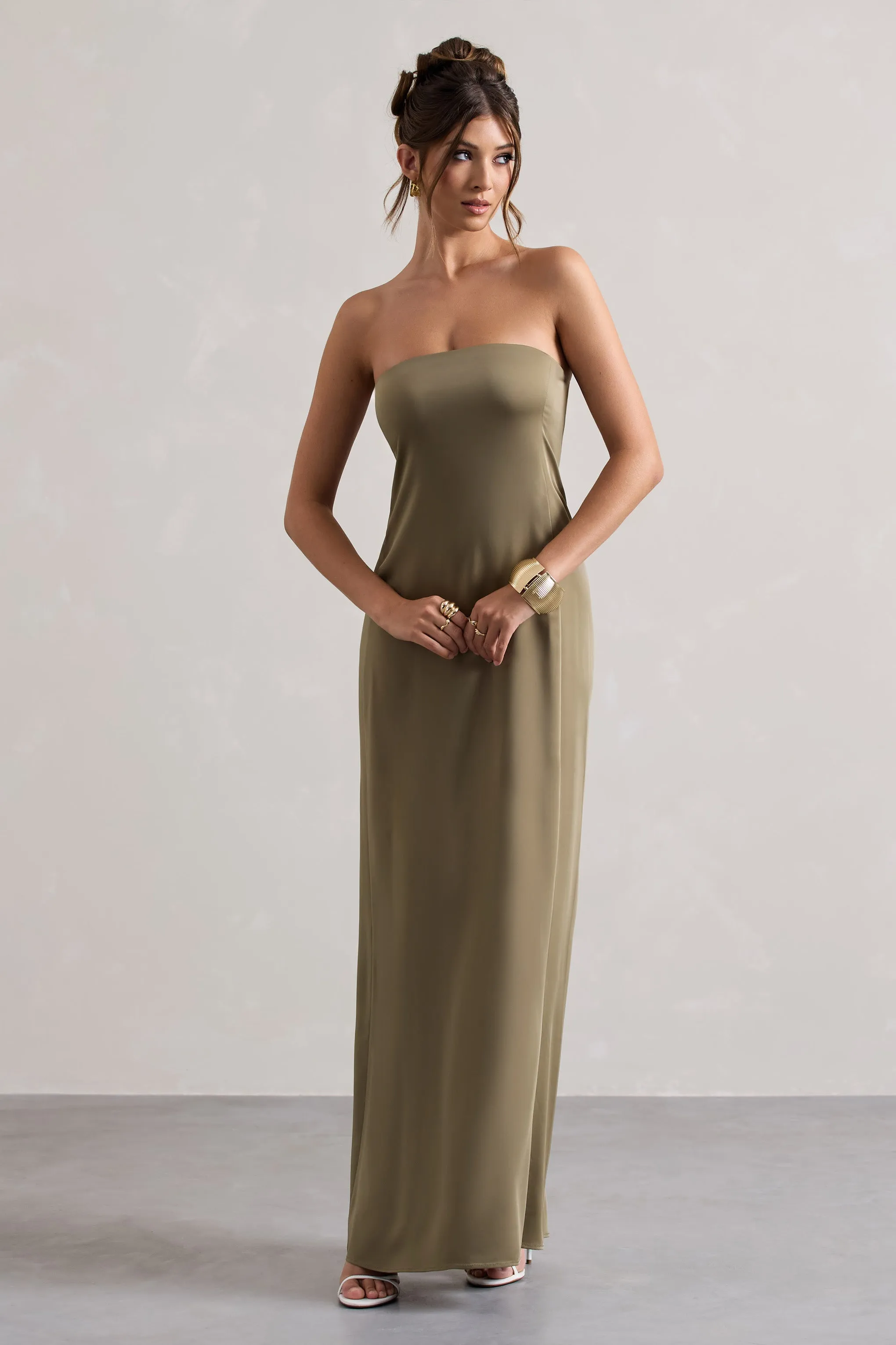 Azra | Olive Satin Bandeau Maxi Dress Club L London