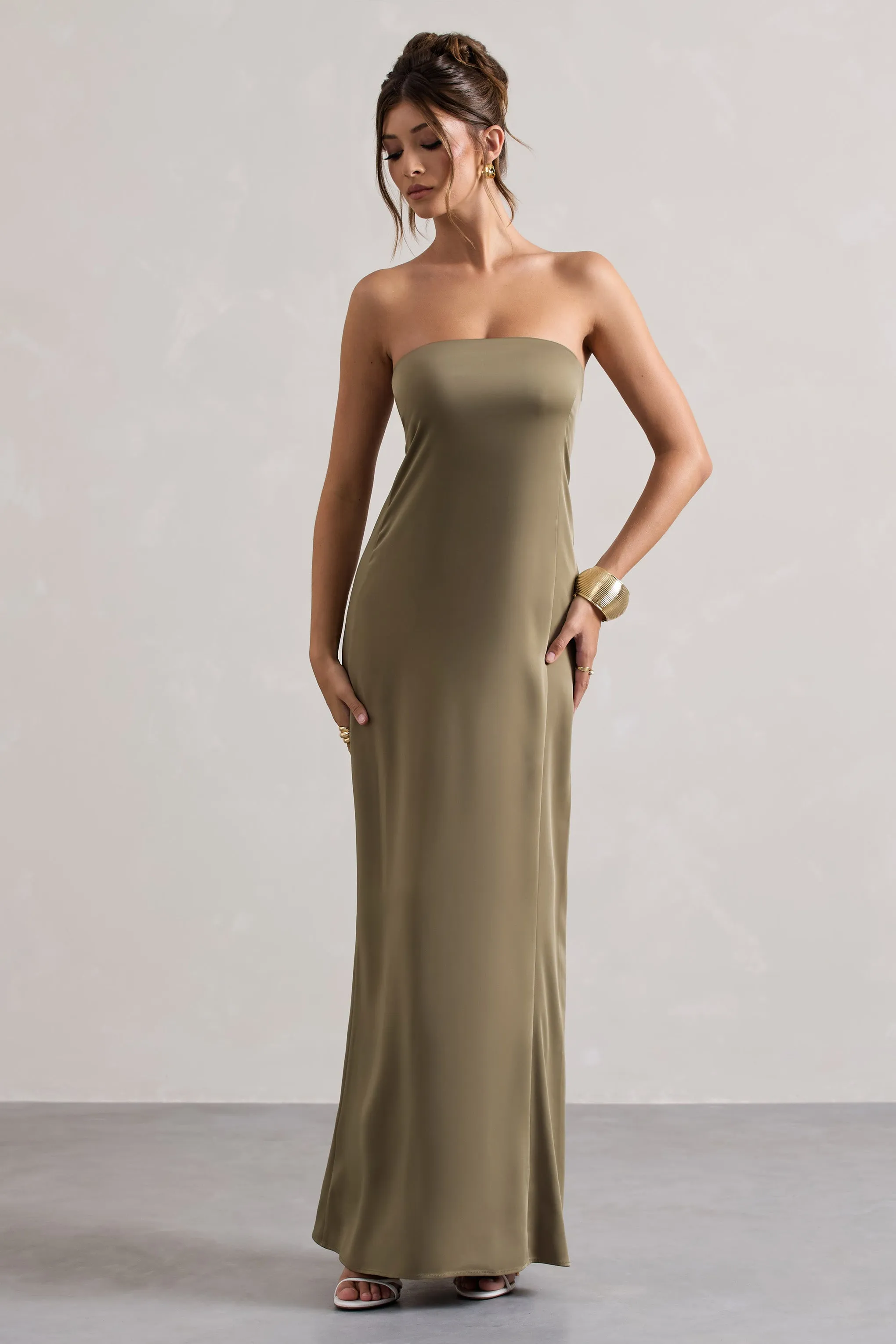Azra | Olive Satin Bandeau Maxi Dress Club L London