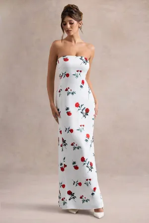 Azra | Rose Print Satin Bandeau Maxi Dress Club L London