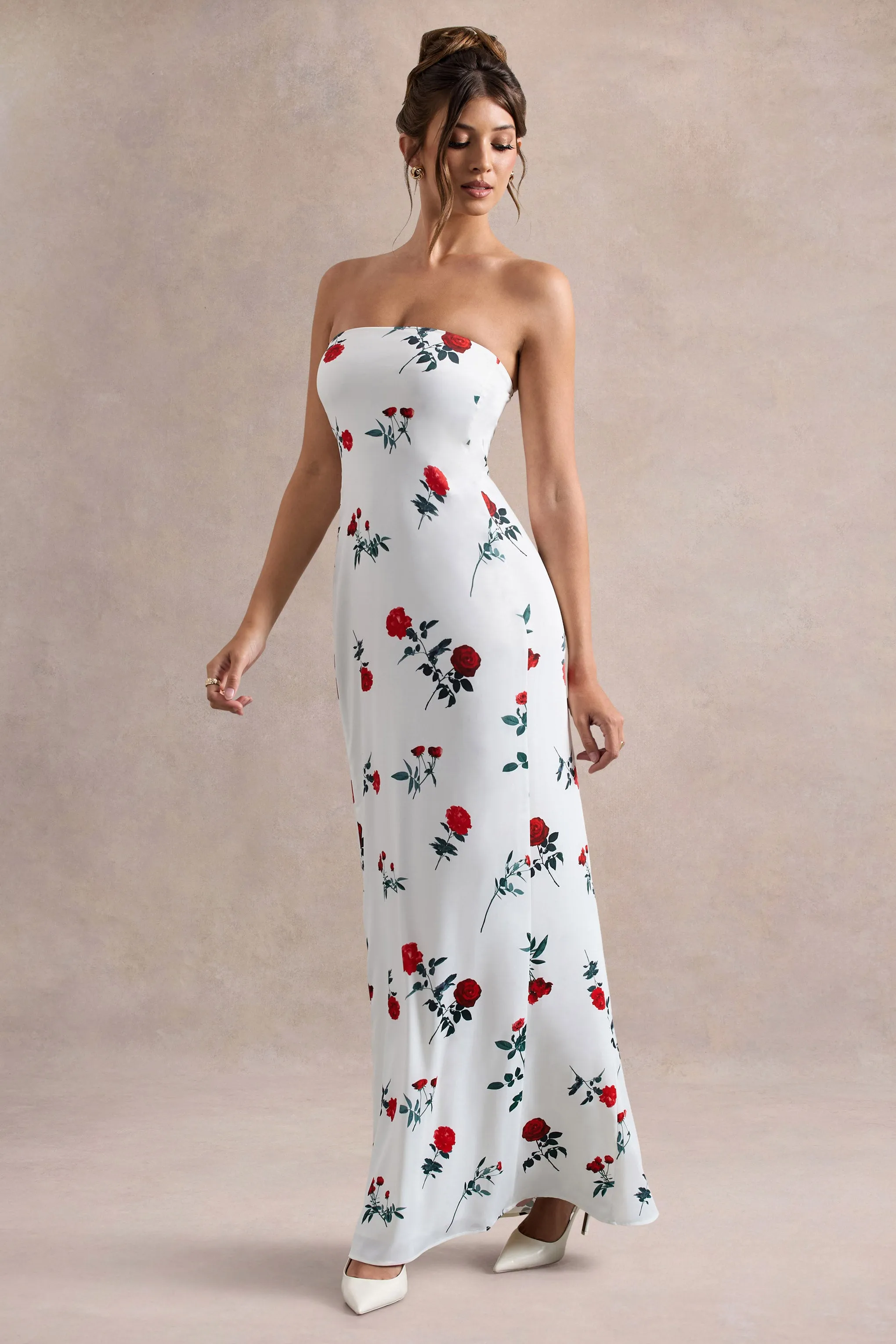 Azra | Rose Print Satin Bandeau Maxi Dress Club L London