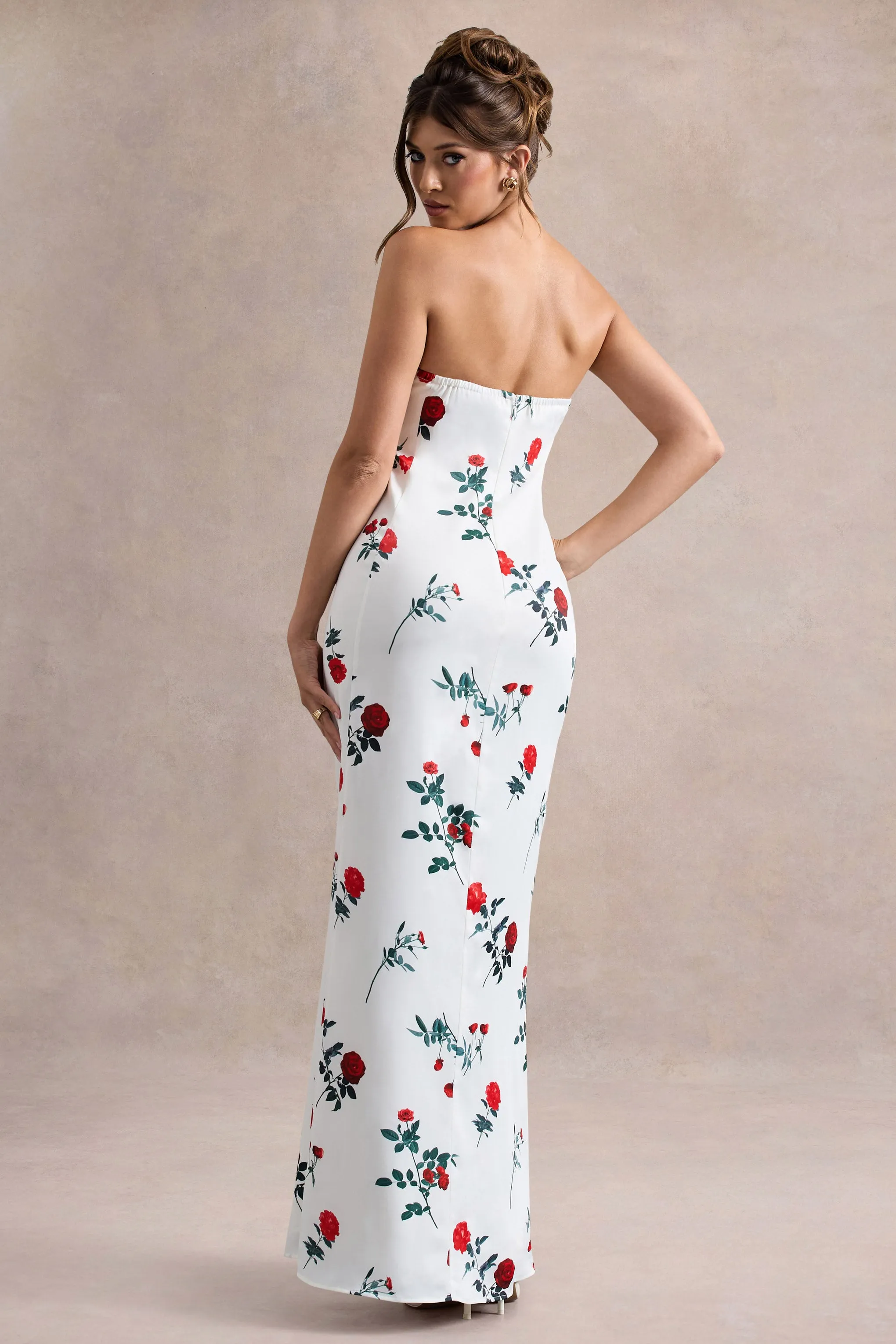 Azra | Rose Print Satin Bandeau Maxi Dress Club L London
