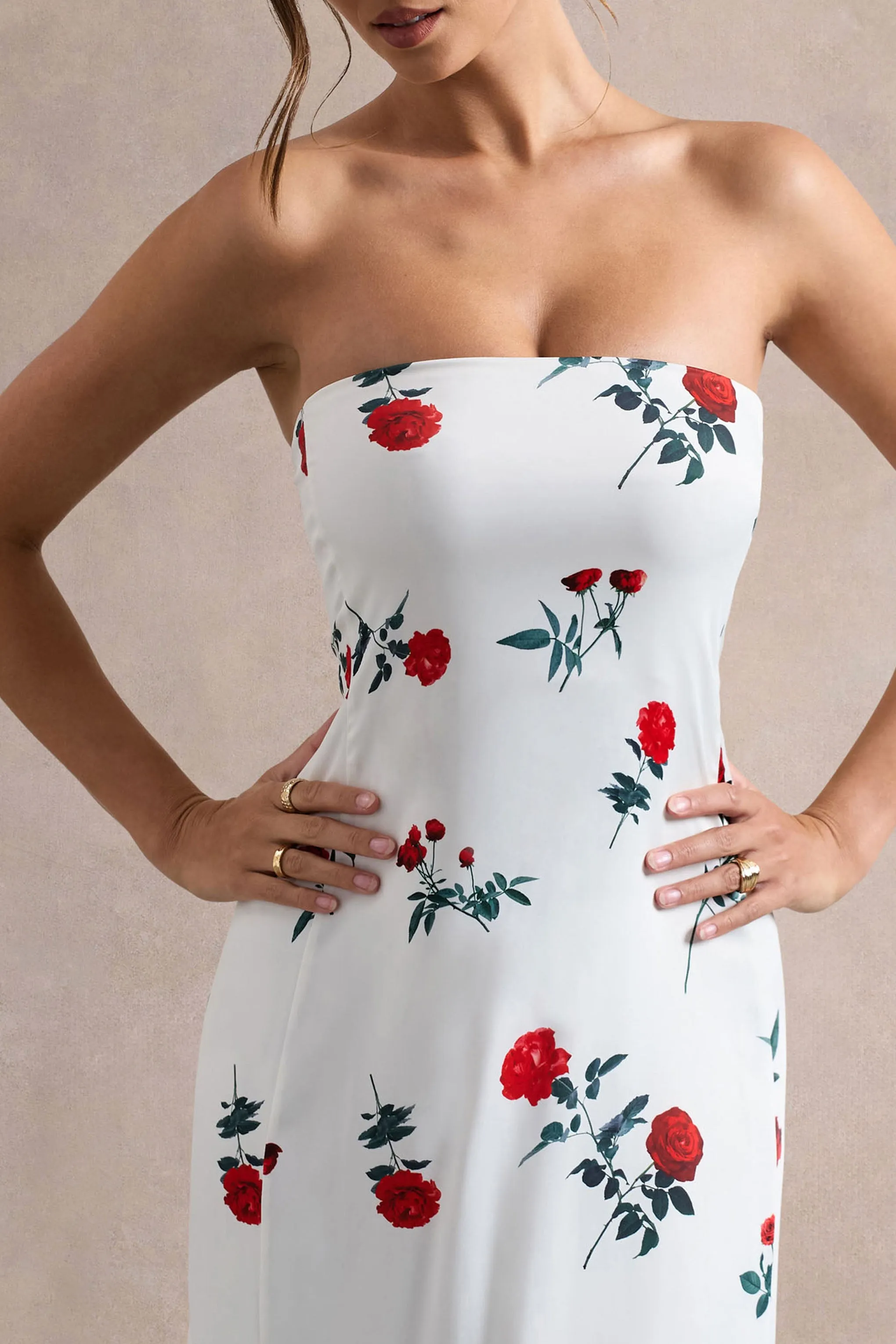 Azra | Rose Print Satin Bandeau Maxi Dress Club L London