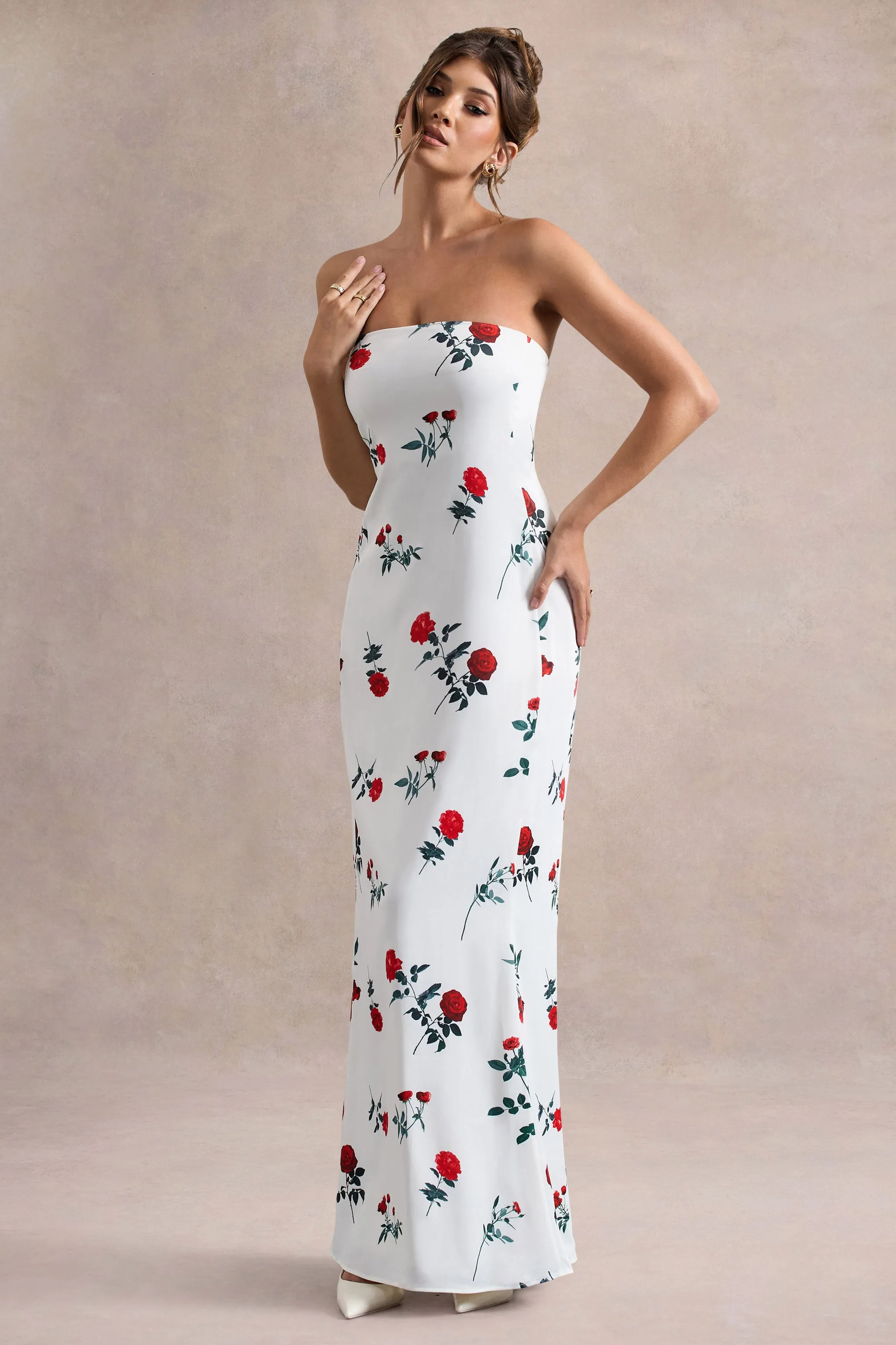 Azra | Rose Print Satin Bandeau Maxi Dress Club L London