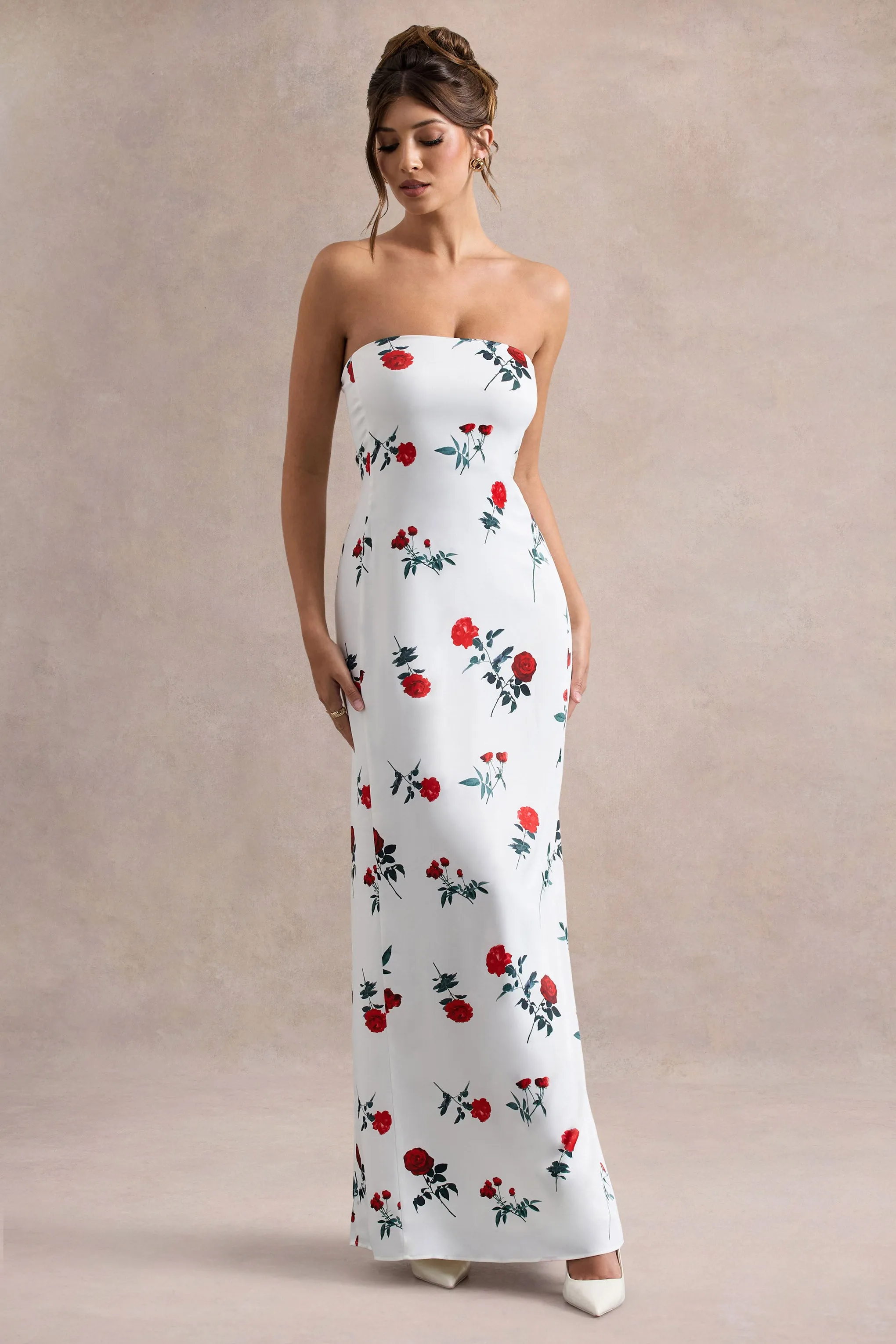 Azra | Rose Print Satin Bandeau Maxi Dress Club L London