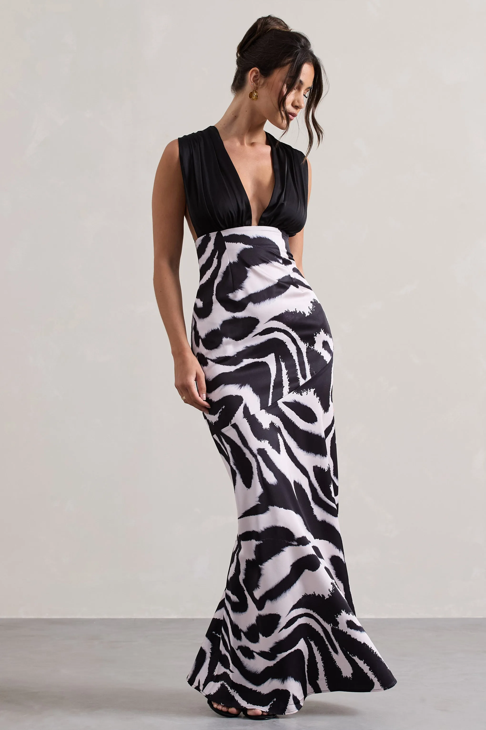 Azzara | Zebra Print Satin Ruched V-Neck Maxi Dress Club L London