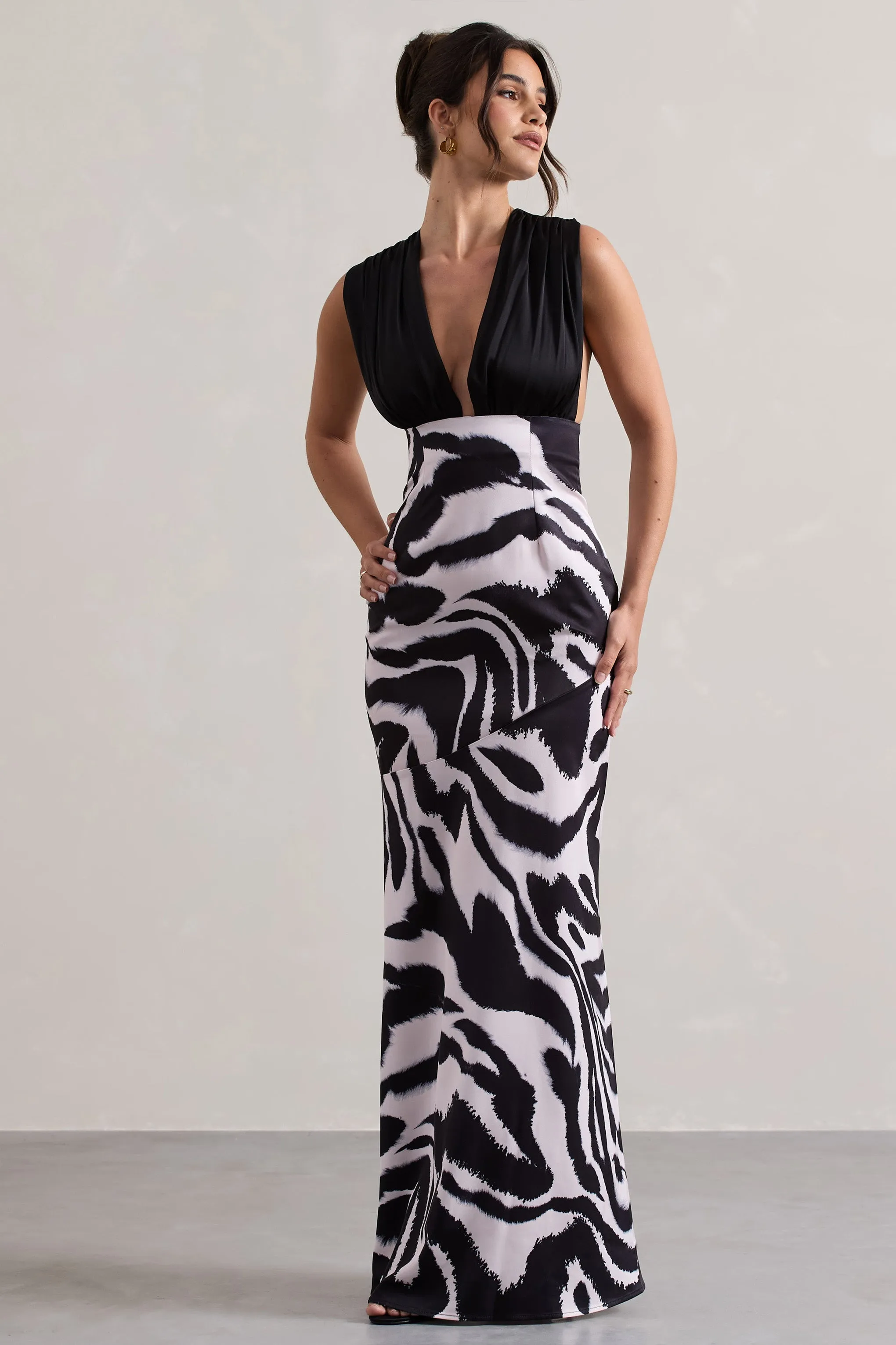 Azzara | Zebra Print Satin Ruched V-Neck Maxi Dress Club L London