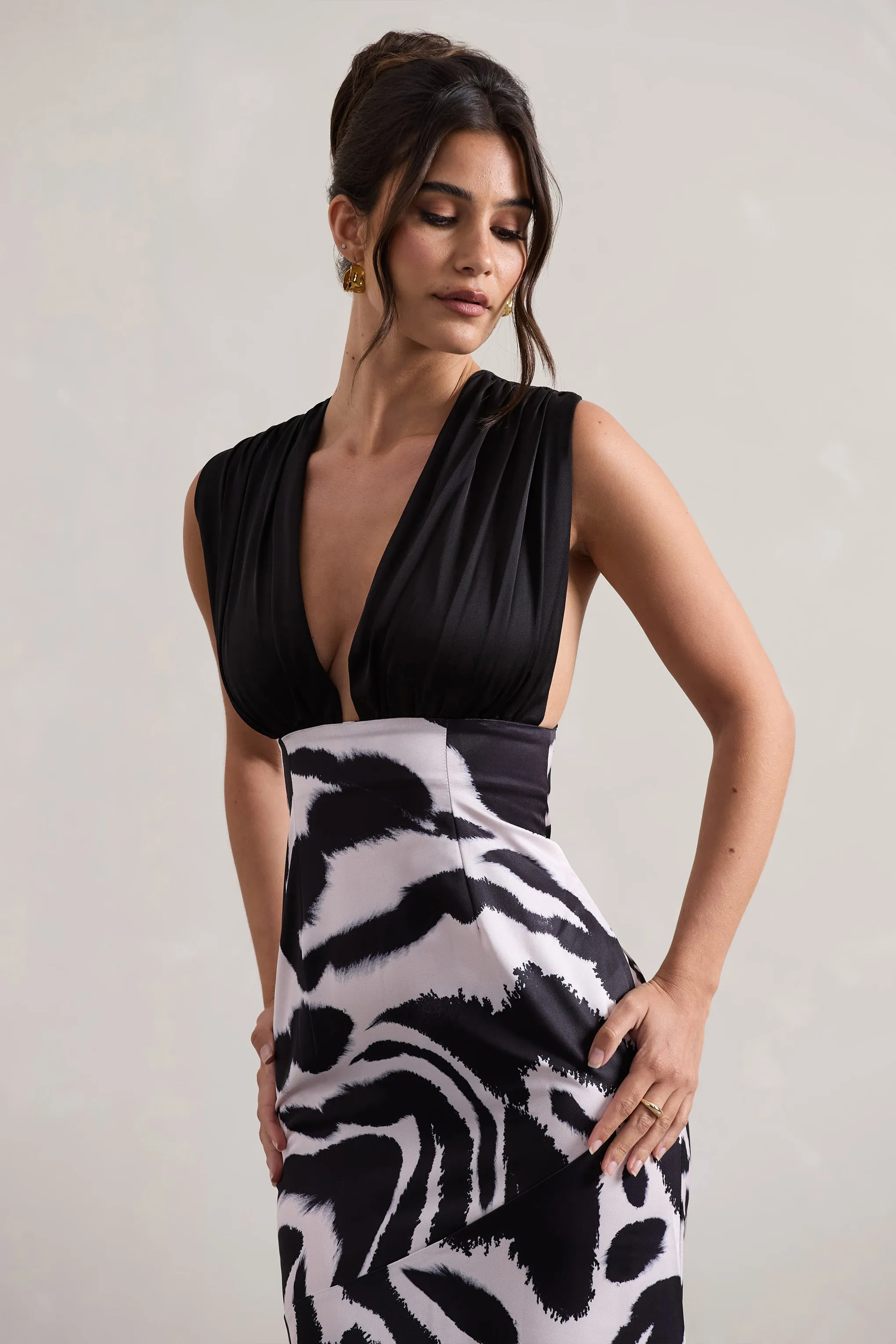 Azzara | Zebra Print Satin Ruched V-Neck Maxi Dress Club L London