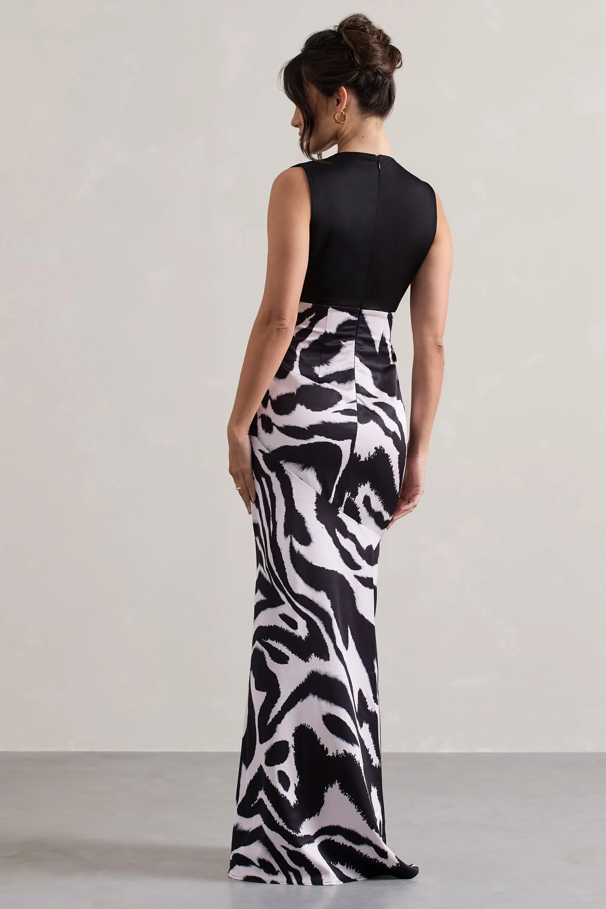 Azzara | Zebra Print Satin Ruched V-Neck Maxi Dress Club L London