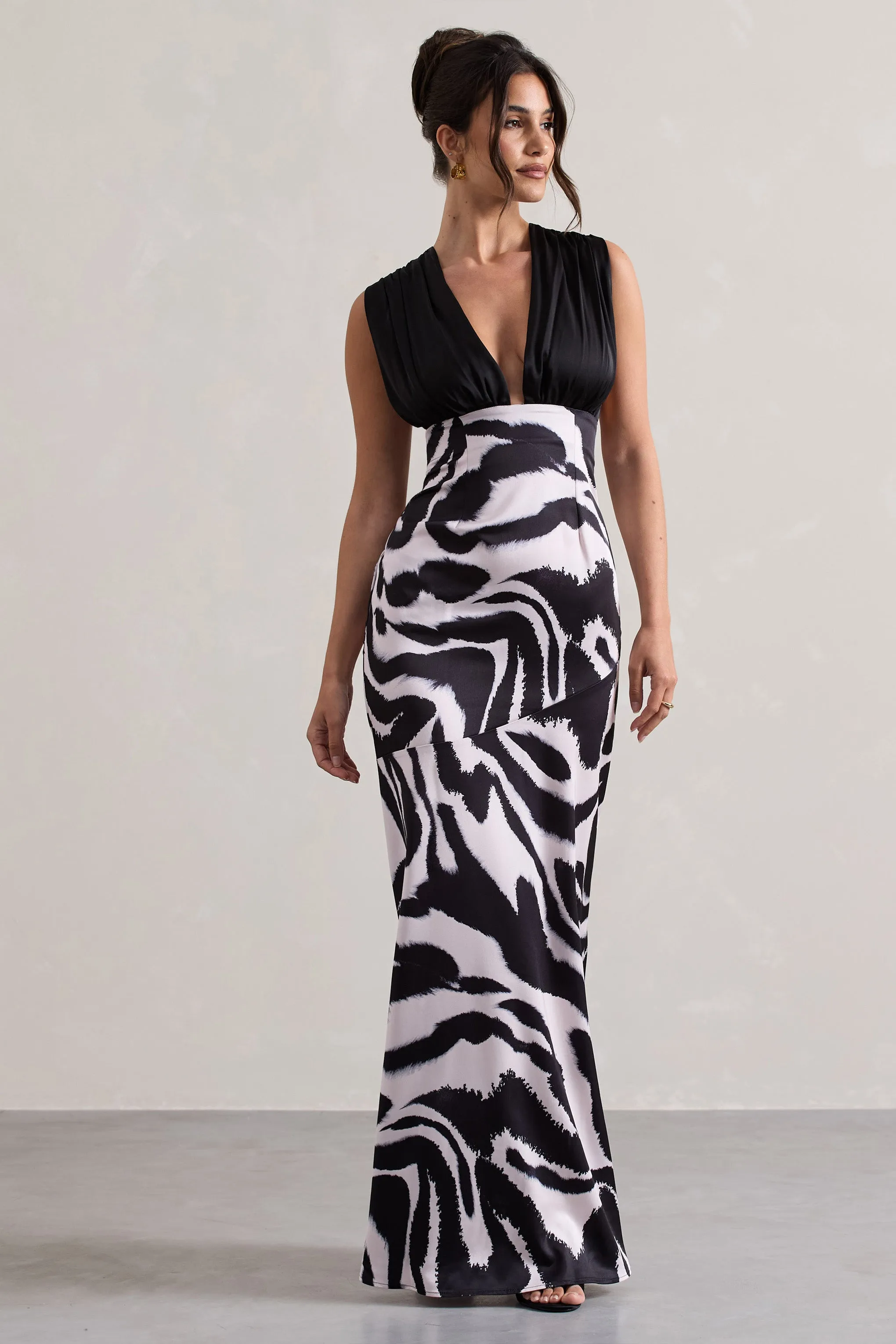 Azzara | Zebra Print Satin Ruched V-Neck Maxi Dress Club L London