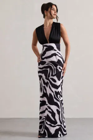 Azzara | Zebra Print Satin Ruched V-Neck Maxi Dress Club L London