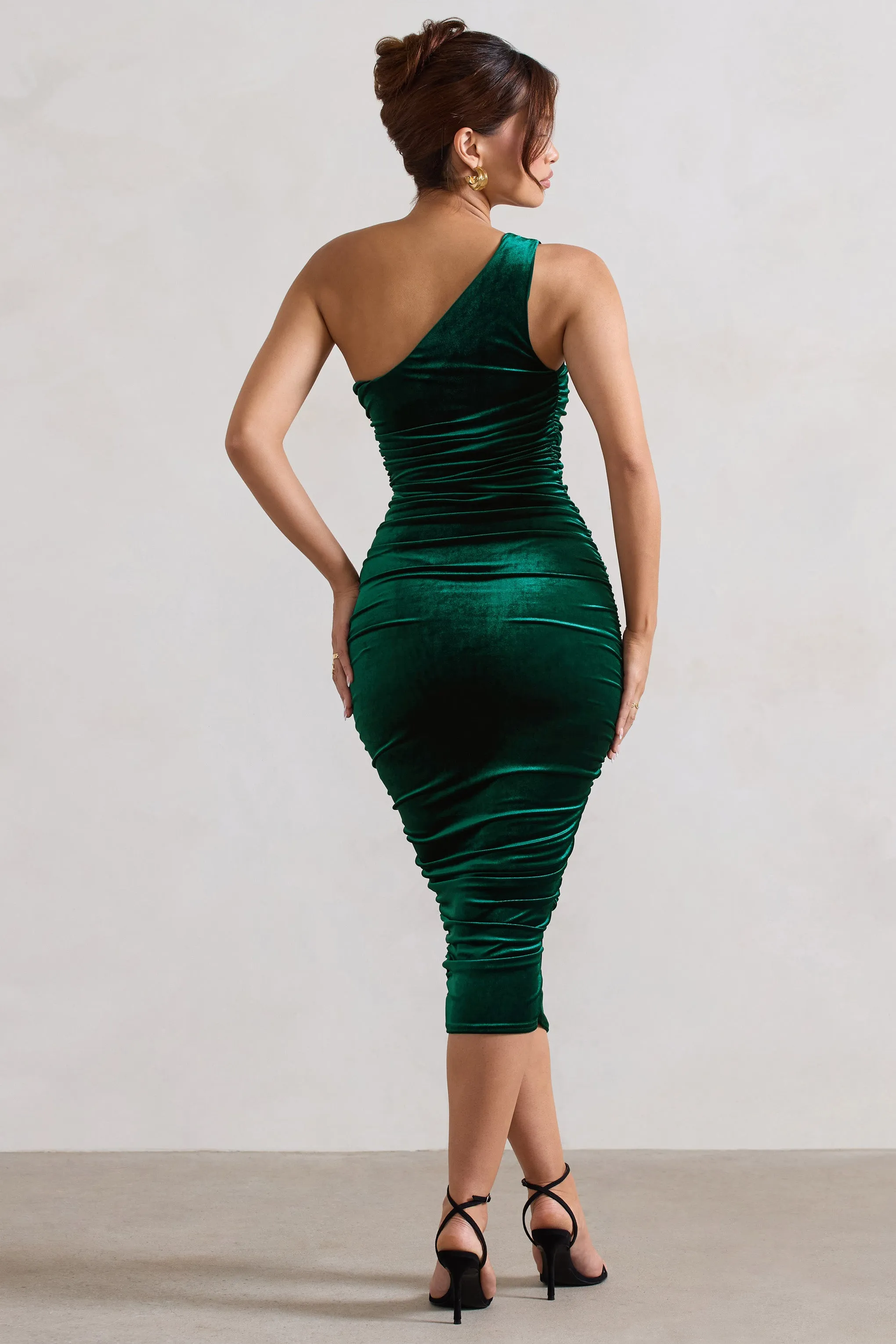Back For More | Bottle Green Velvet One Shoulder Ruched Midi Dress Club L London