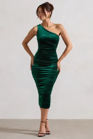 Back For More | Bottle Green Velvet One Shoulder Ruched Midi Dress Club L London