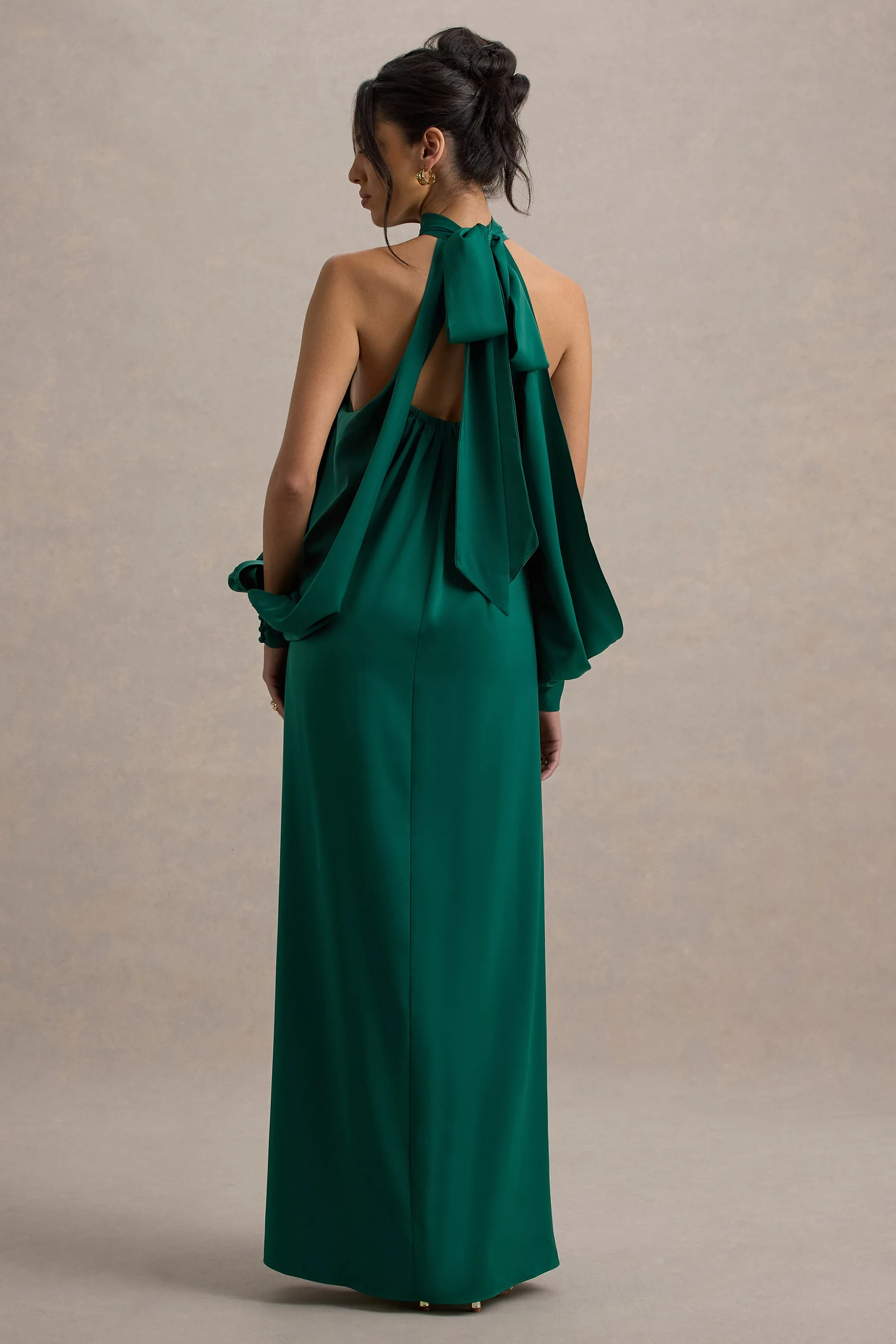 Baila | Bottle Green Satin High-Neck Cape-Sleeve Maxi Dress Club L London