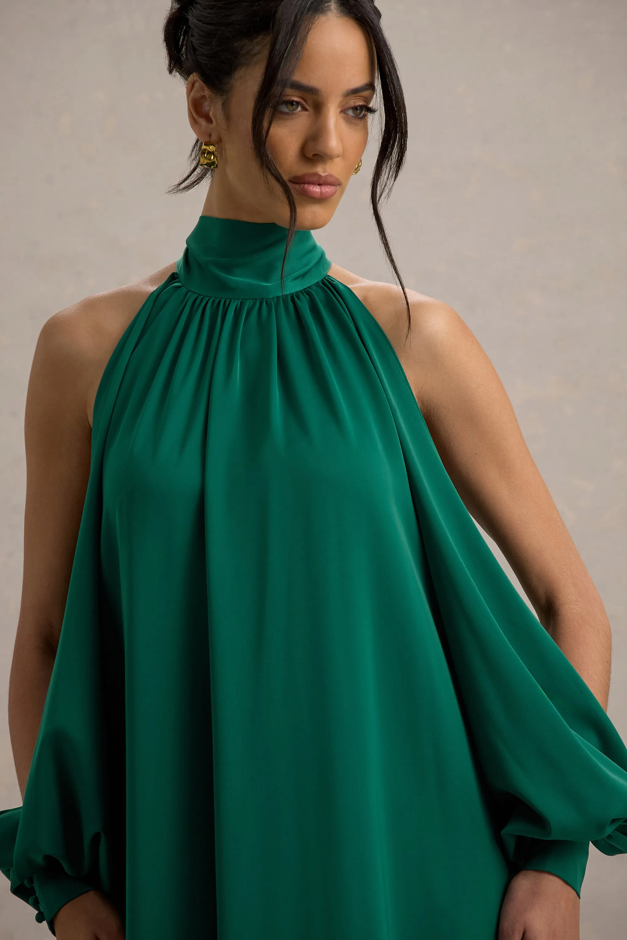 Baila | Bottle Green Satin High-Neck Cape-Sleeve Maxi Dress Club L London