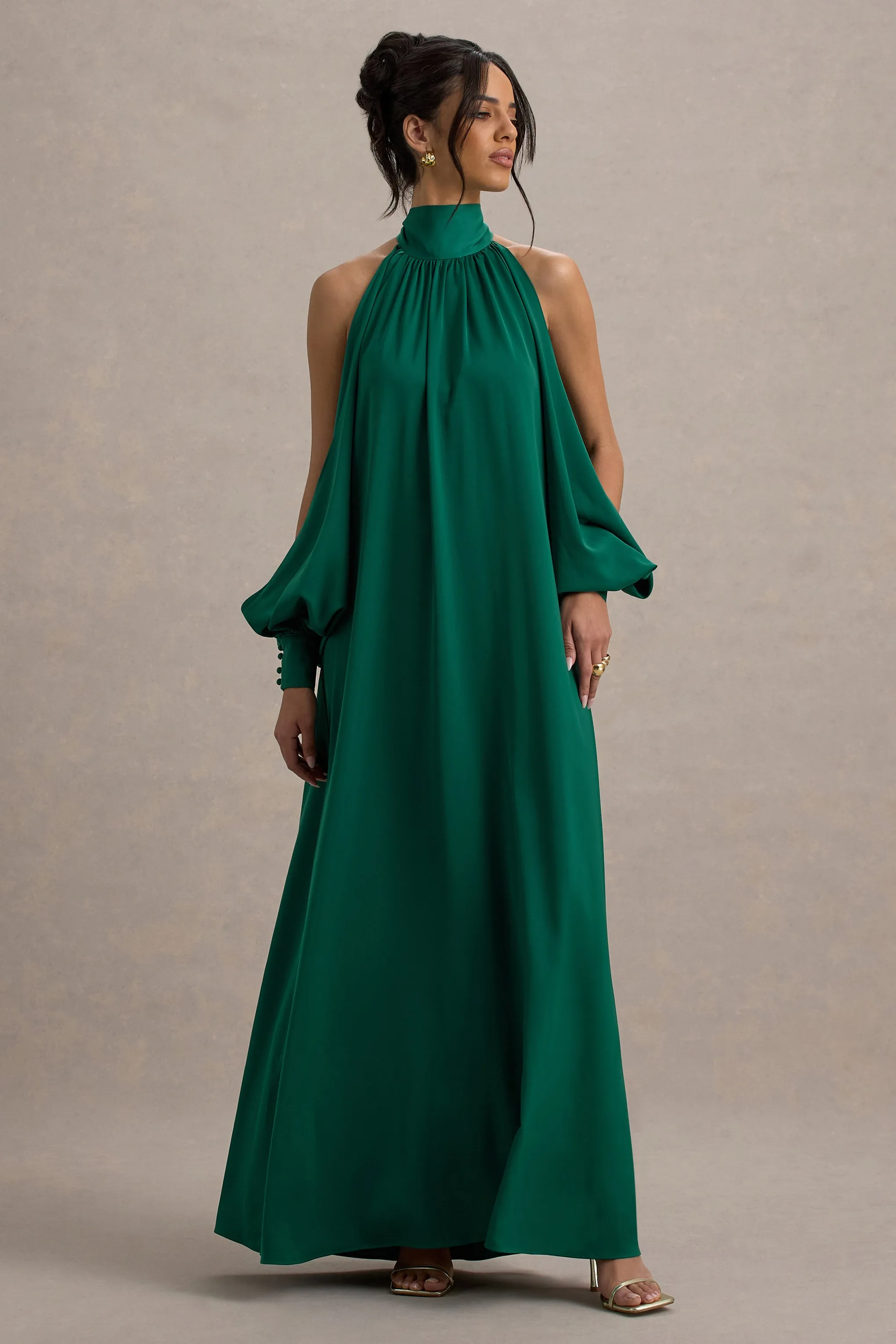 Baila | Bottle Green Satin High-Neck Cape-Sleeve Maxi Dress Club L London