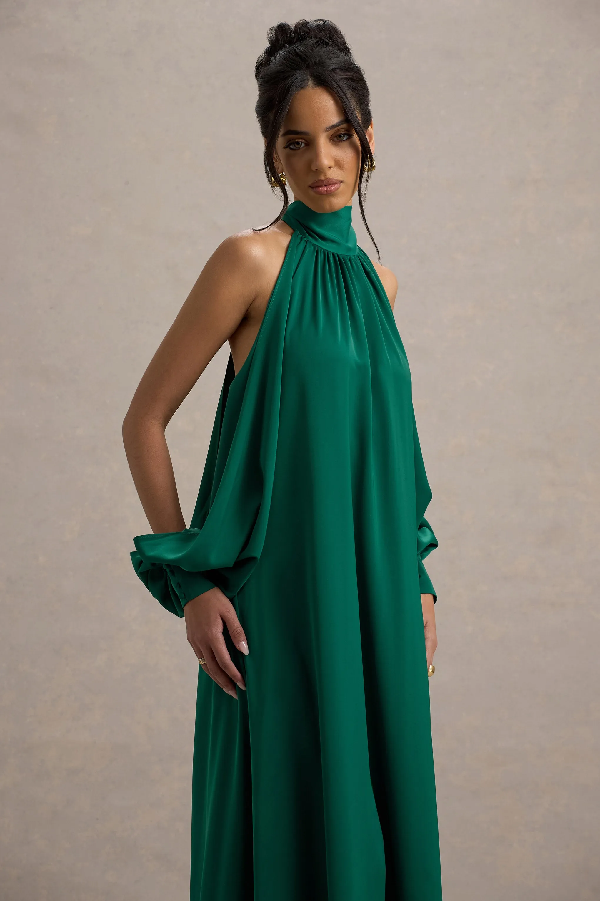 Baila | Bottle Green Satin High-Neck Cape-Sleeve Maxi Dress Club L London