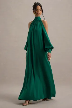Baila | Bottle Green Satin High-Neck Cape-Sleeve Maxi Dress Club L London