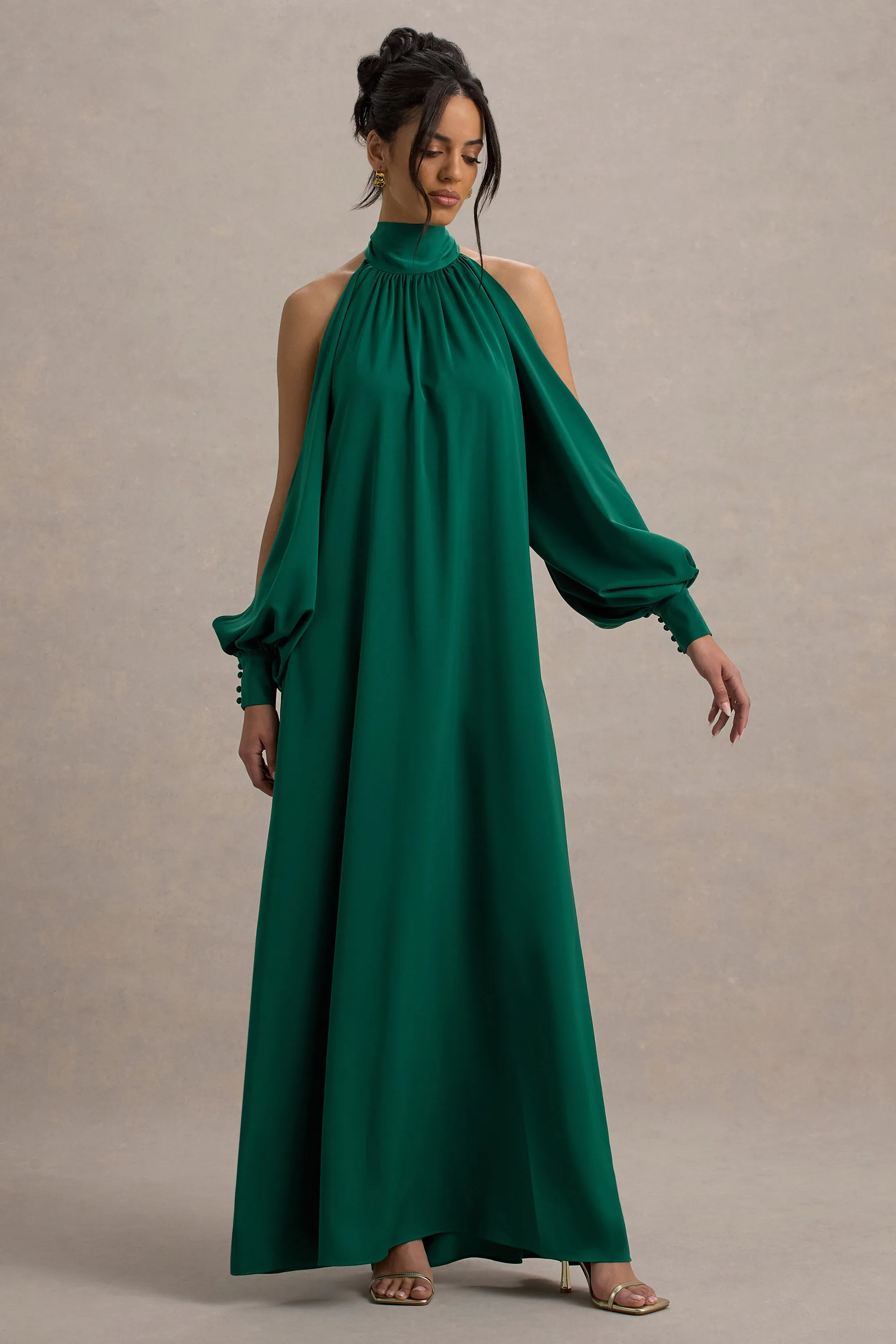 Baila | Bottle Green Satin High-Neck Cape-Sleeve Maxi Dress Club L London