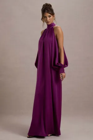 Baila | Mulberry Satin High-Neck Cape-Sleeve Maxi Dress Club L London