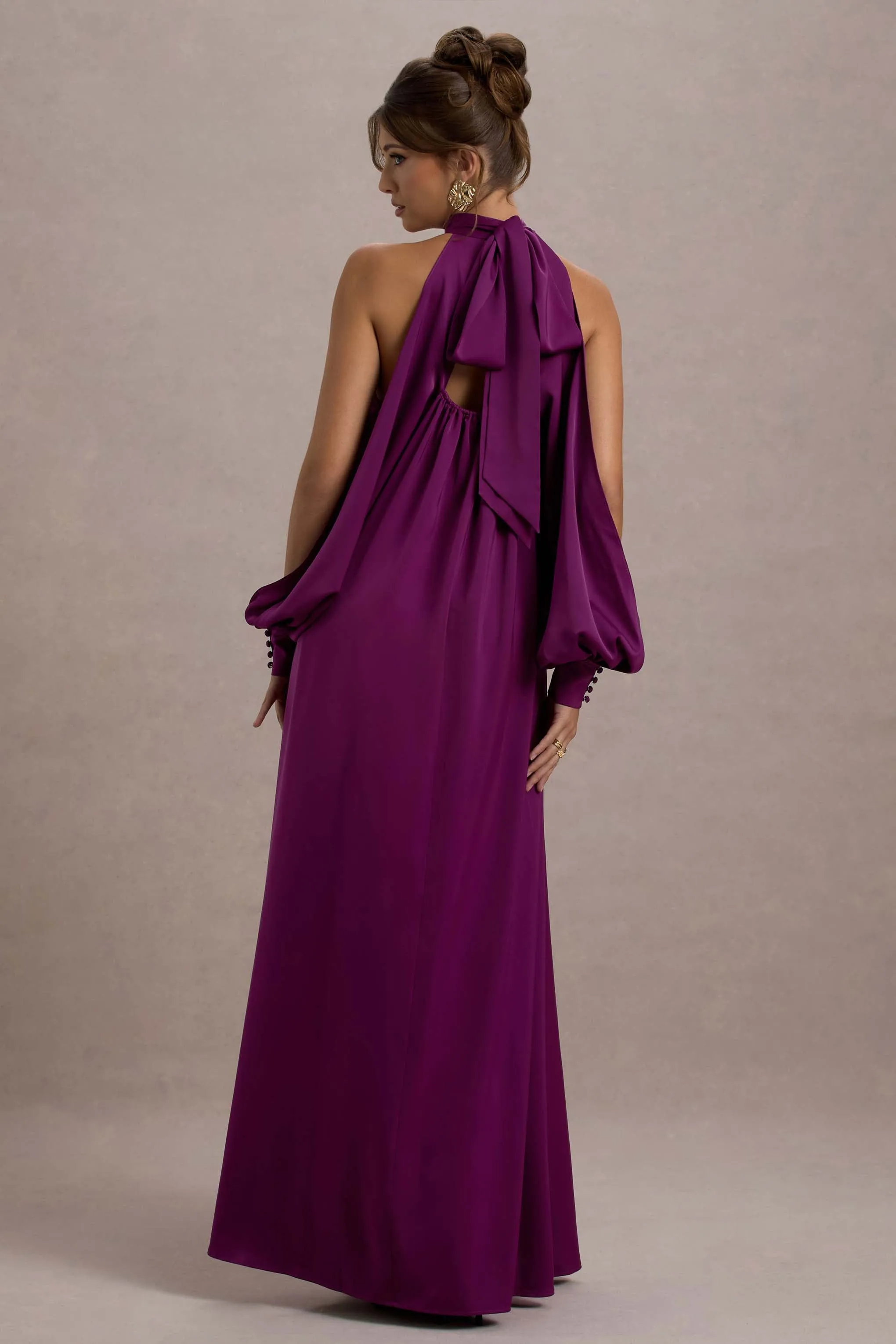 Baila | Mulberry Satin High-Neck Cape-Sleeve Maxi Dress Club L London