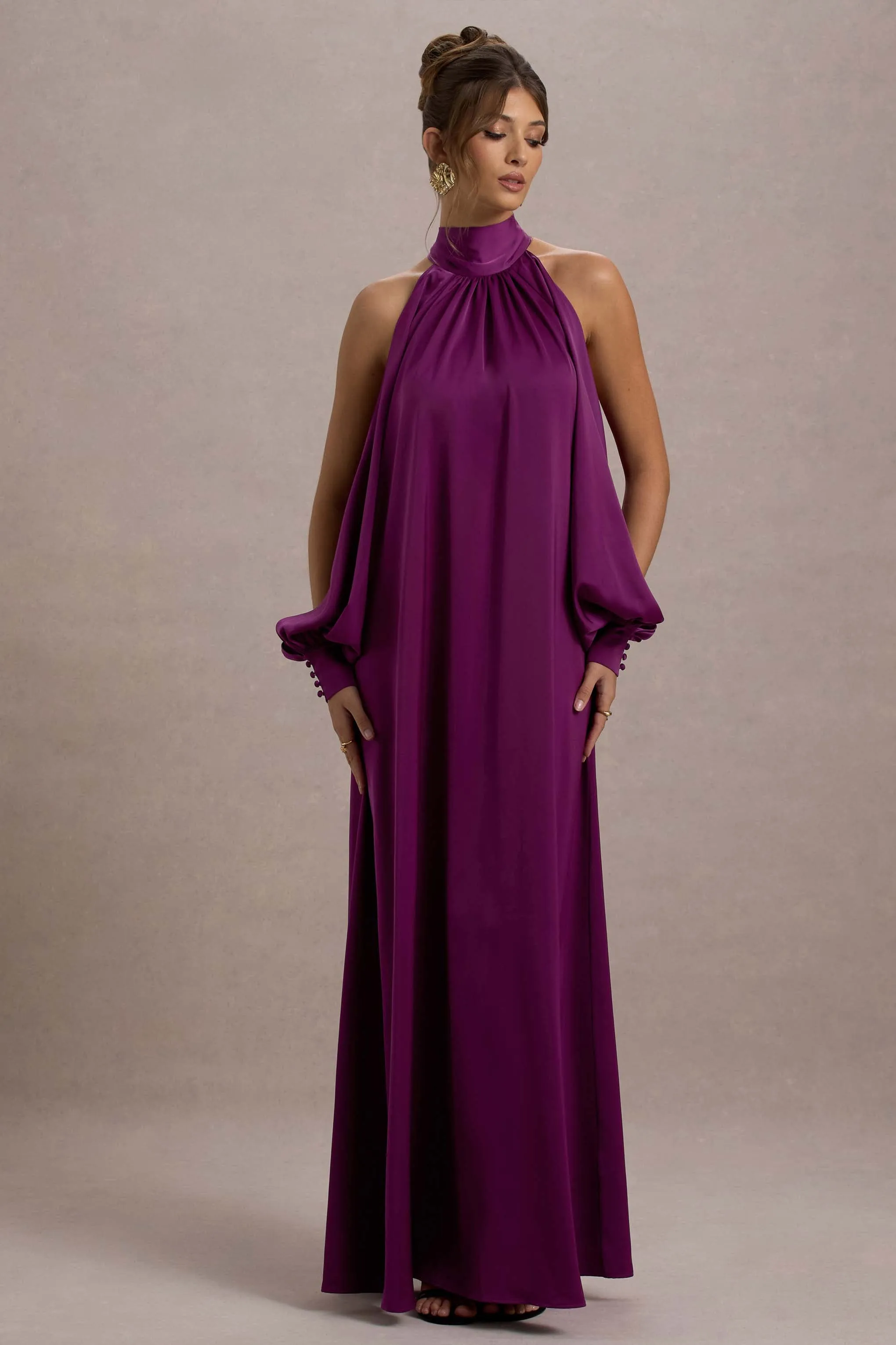 Baila | Mulberry Satin High-Neck Cape-Sleeve Maxi Dress Club L London
